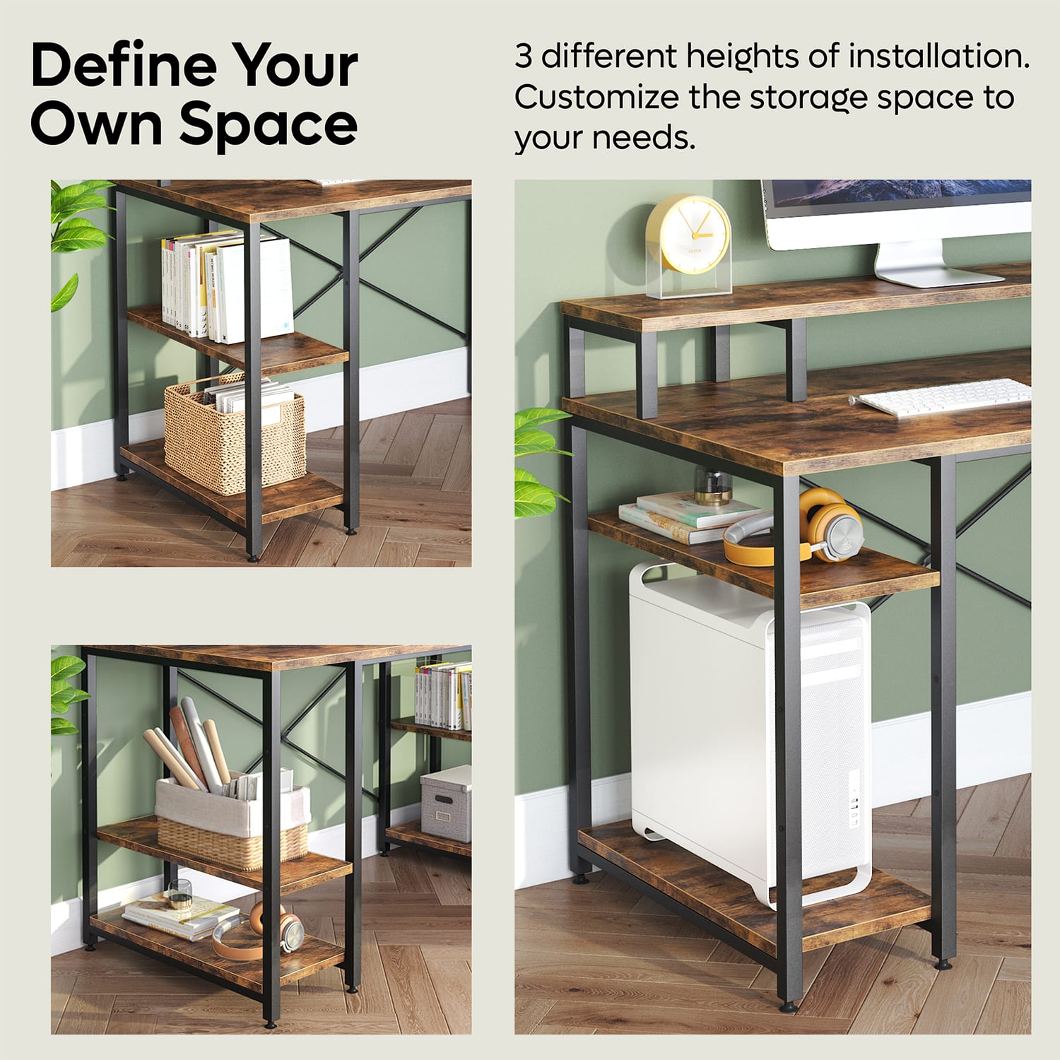 Bestier 56inW Student Desk With Monitor Stand & Storage Shelf, Rustic Brown - Image 4