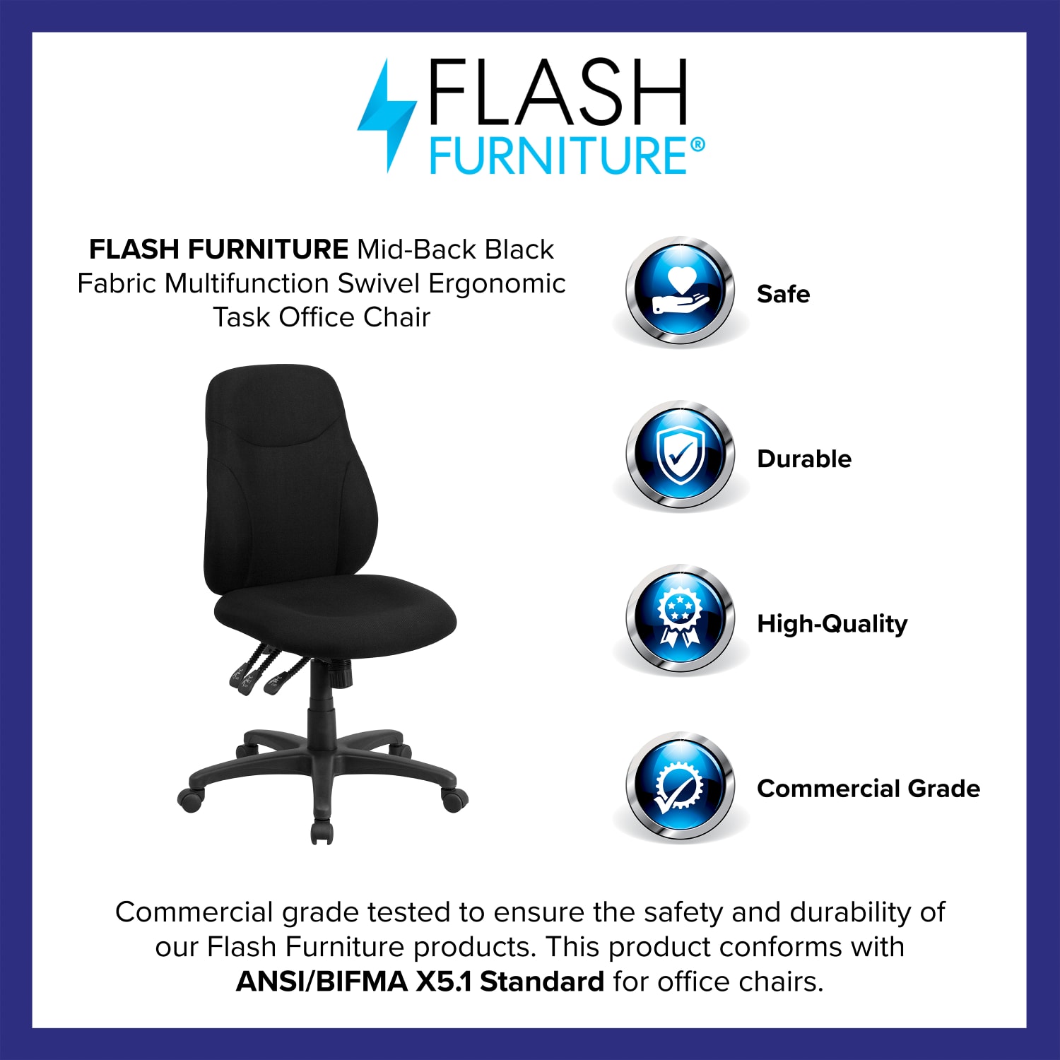Flash Furniture Ergonomic Fabric Mid-Back Multi-Function Swivel Task Chair, Black - Image 5