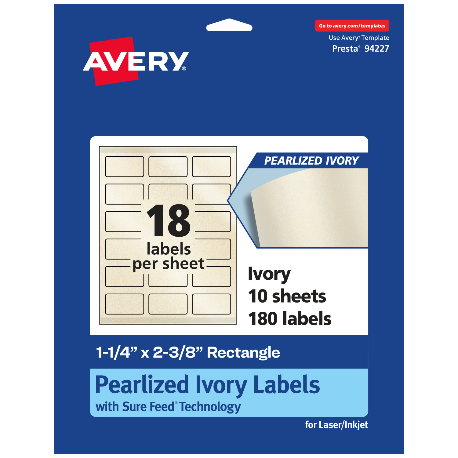 Avery Pearlized Permanent Labels With Sure Feed, 94227-PIP10, Rectangle, 1-1/4in x 2-3/8in, Ivory, Pack Of 180 Labels