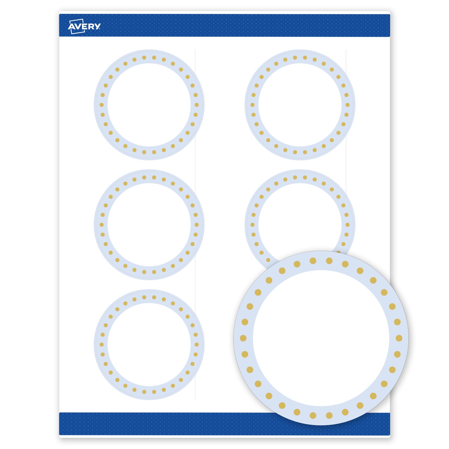Avery Print-To-The-Edge Labels & Sure Feed, S00-DMD-PRWMP10, 3in Round, Matte White, Preprinted Blue Border & Gold Dots Design, Pack Of 60 - Image 3