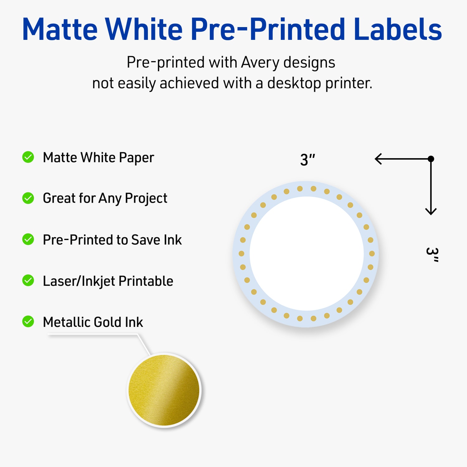 Avery Print-To-The-Edge Labels & Sure Feed, S00-DMD-PRWMP10, 3in Round, Matte White, Preprinted Blue Border & Gold Dots Design, Pack Of 60 - Image 4