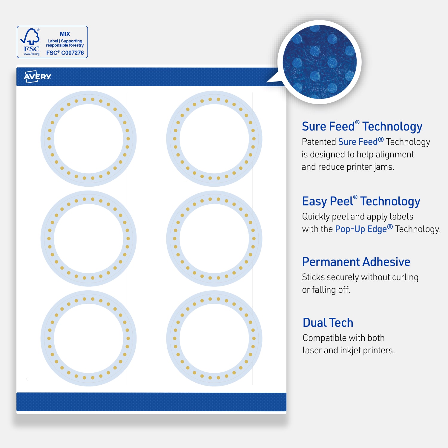 Avery Print-To-The-Edge Labels & Sure Feed, S00-DMD-PRWMP10, 3in Round, Matte White, Preprinted Blue Border & Gold Dots Design, Pack Of 60 - Image 5