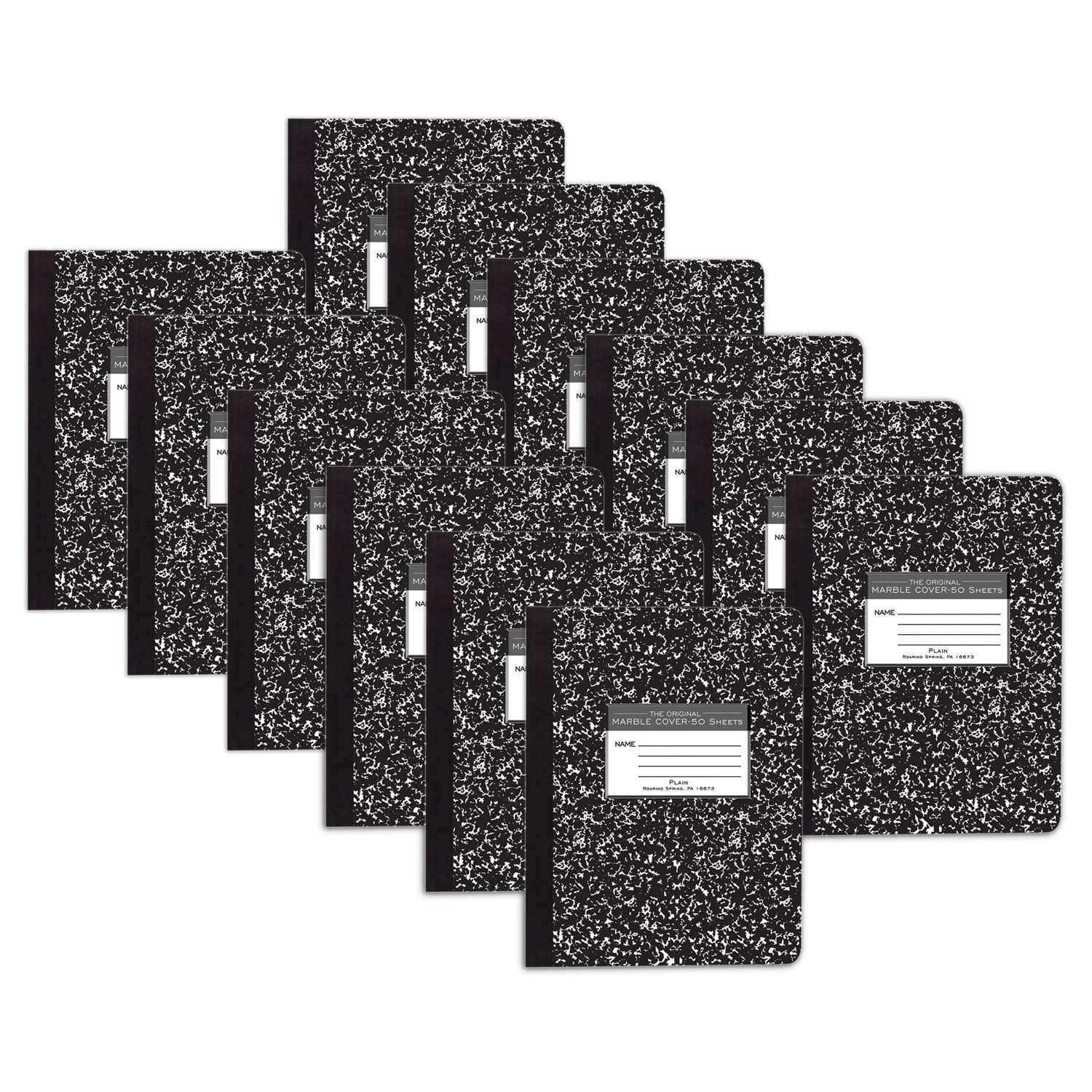 Roaring Spring Paper Products Composition Book, Unruled, 9-3/4in x 7-1/2in, 50 Sheets, Black Marble, Pack Of 12