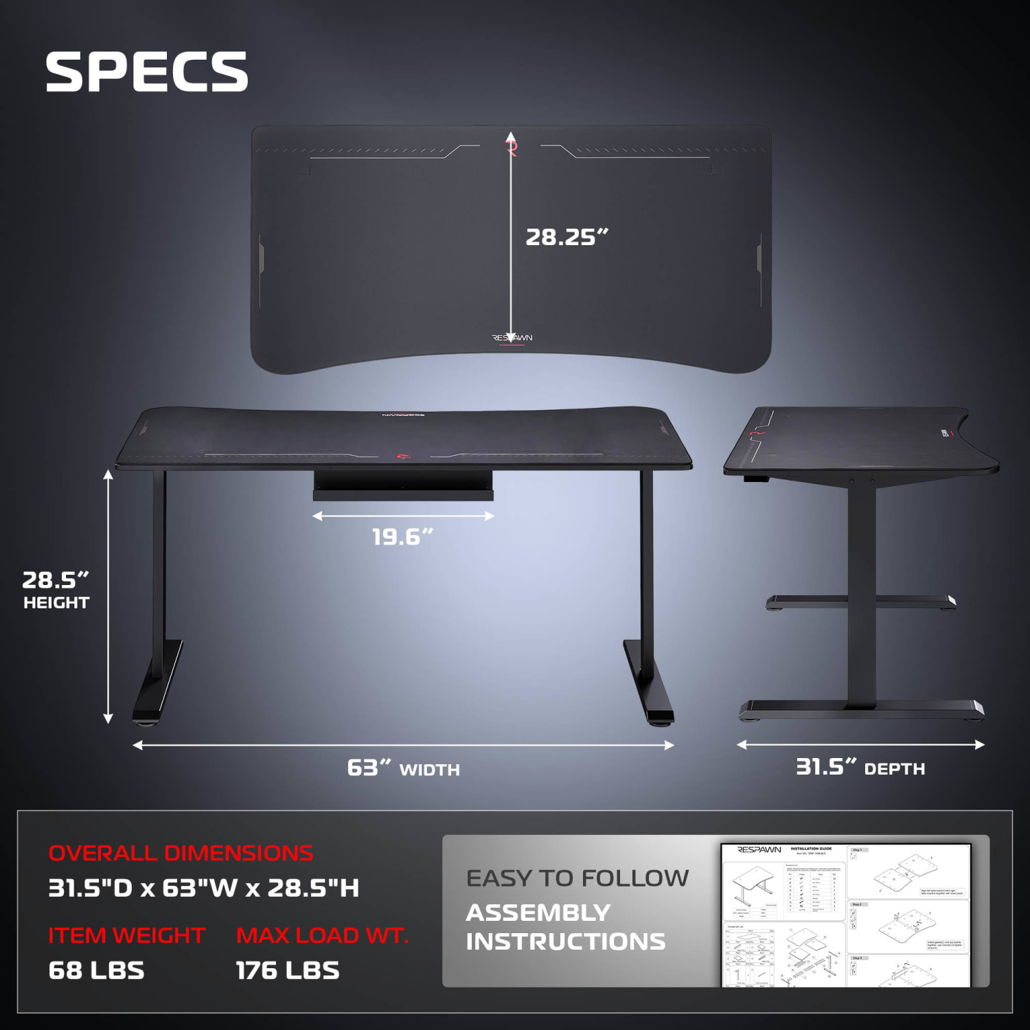 RESPAWN 1063 Gaming Desk - 63in Computer Desk With Mouse Pad, PC Workstation With Cable Management, Home Office Gaming Table - Black - Image 3