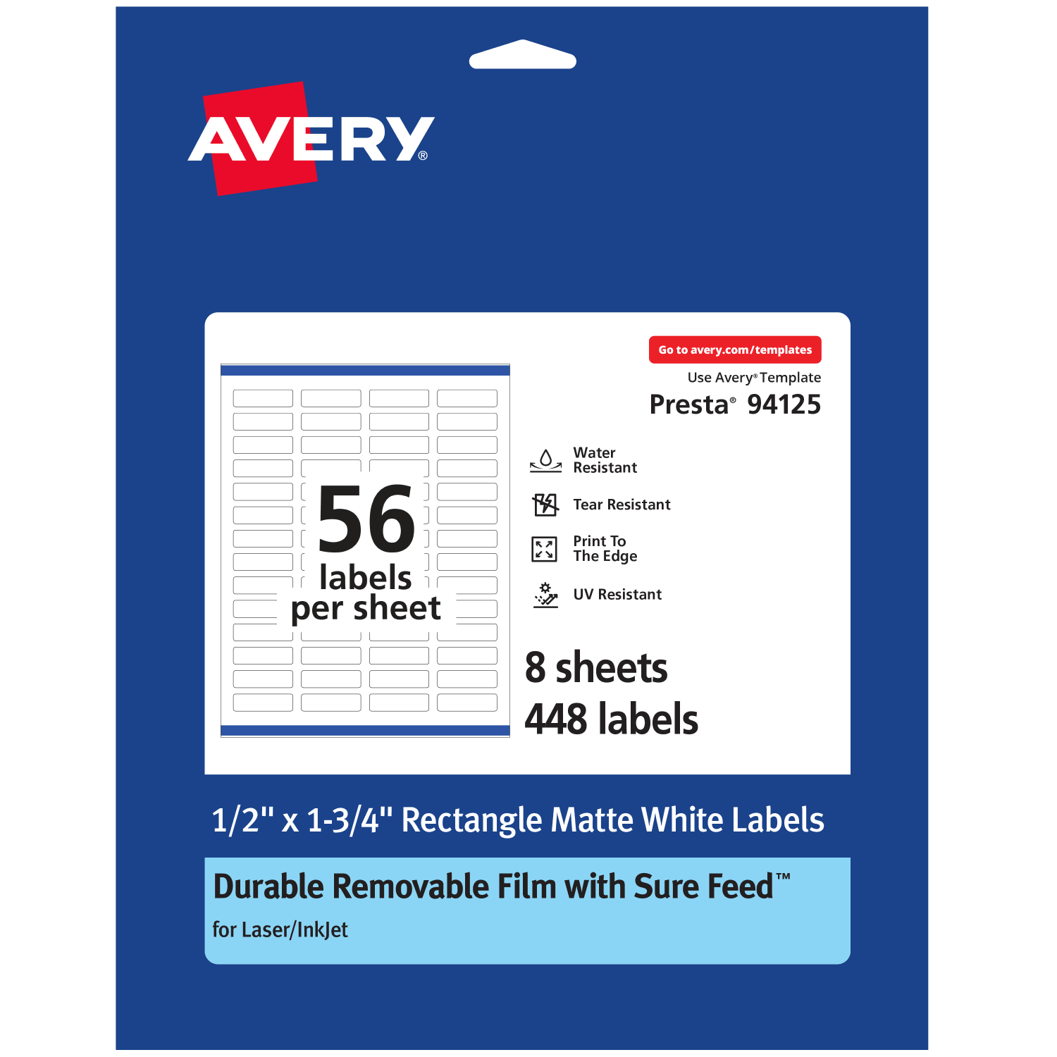 Avery Durable Removable Labels With Sure Feed, 94125-DRF8, Rectangle, 1/2in x 1-3/4in, White, Pack Of 448