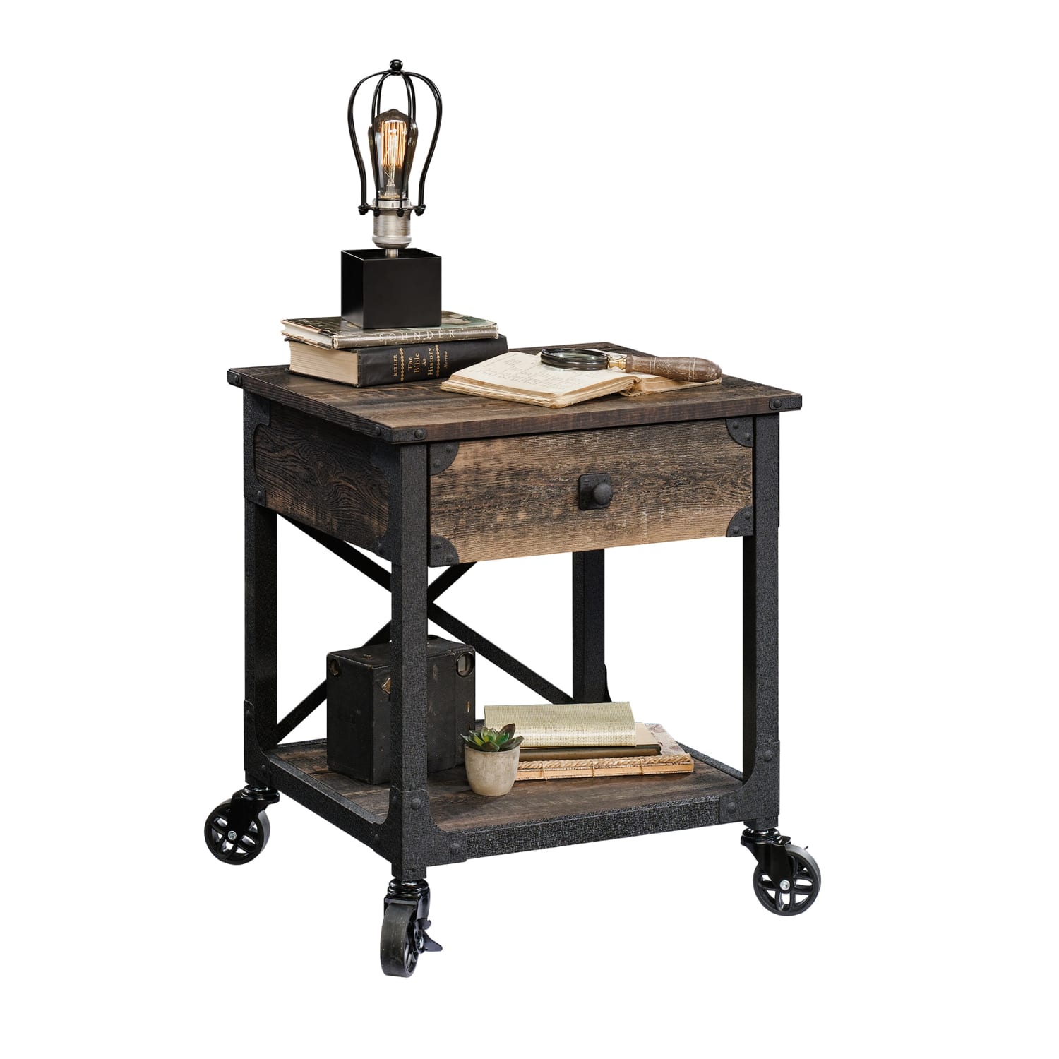 Sauder Steel River Mobile Side Table, 23inH x 22-1/2inW x 21-11/16inD, Carbon Oak - Image 3