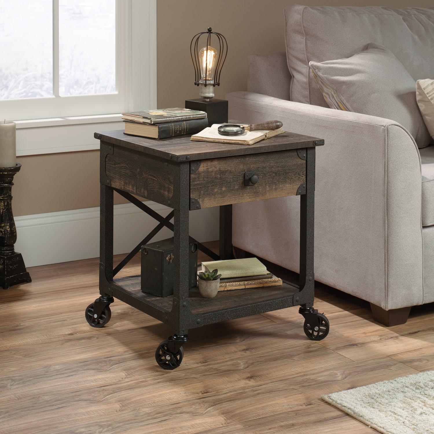 Sauder Steel River Mobile Side Table, 23inH x 22-1/2inW x 21-11/16inD, Carbon Oak - Image 4