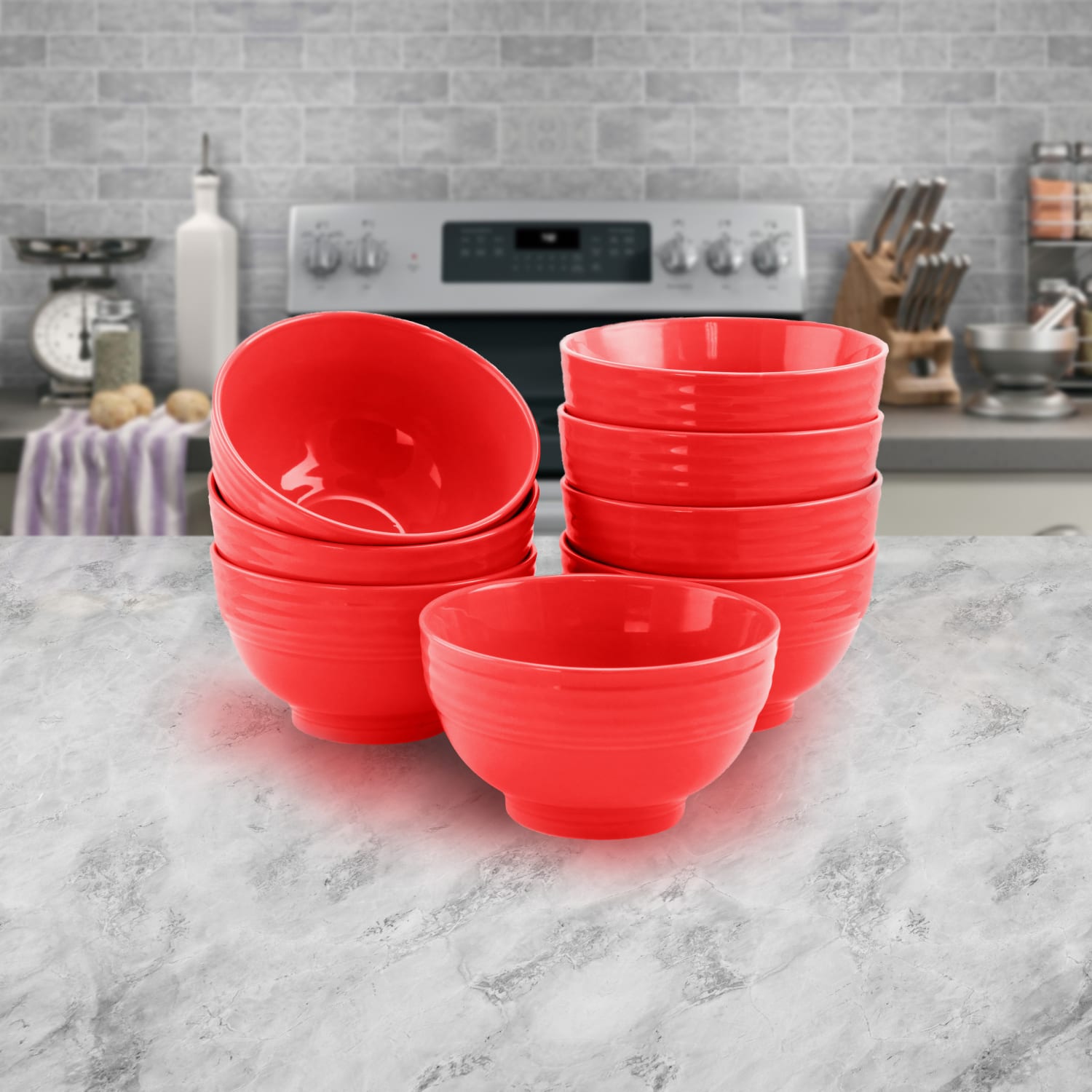 Gibson Home Plaza Cafe 8-Piece Bowl Set, 22 Oz, Red - Image 6