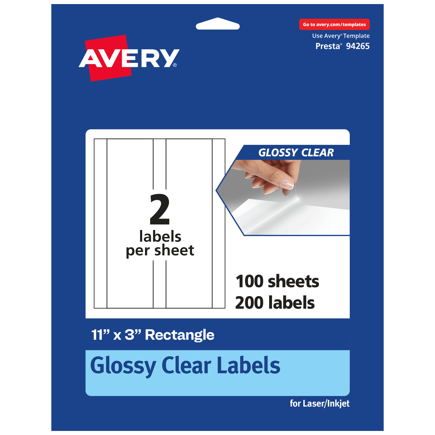 Avery Glossy Permanent Labels, 94265-CGF100, Rectangle, 11in x 3in, Clear, Pack Of 200