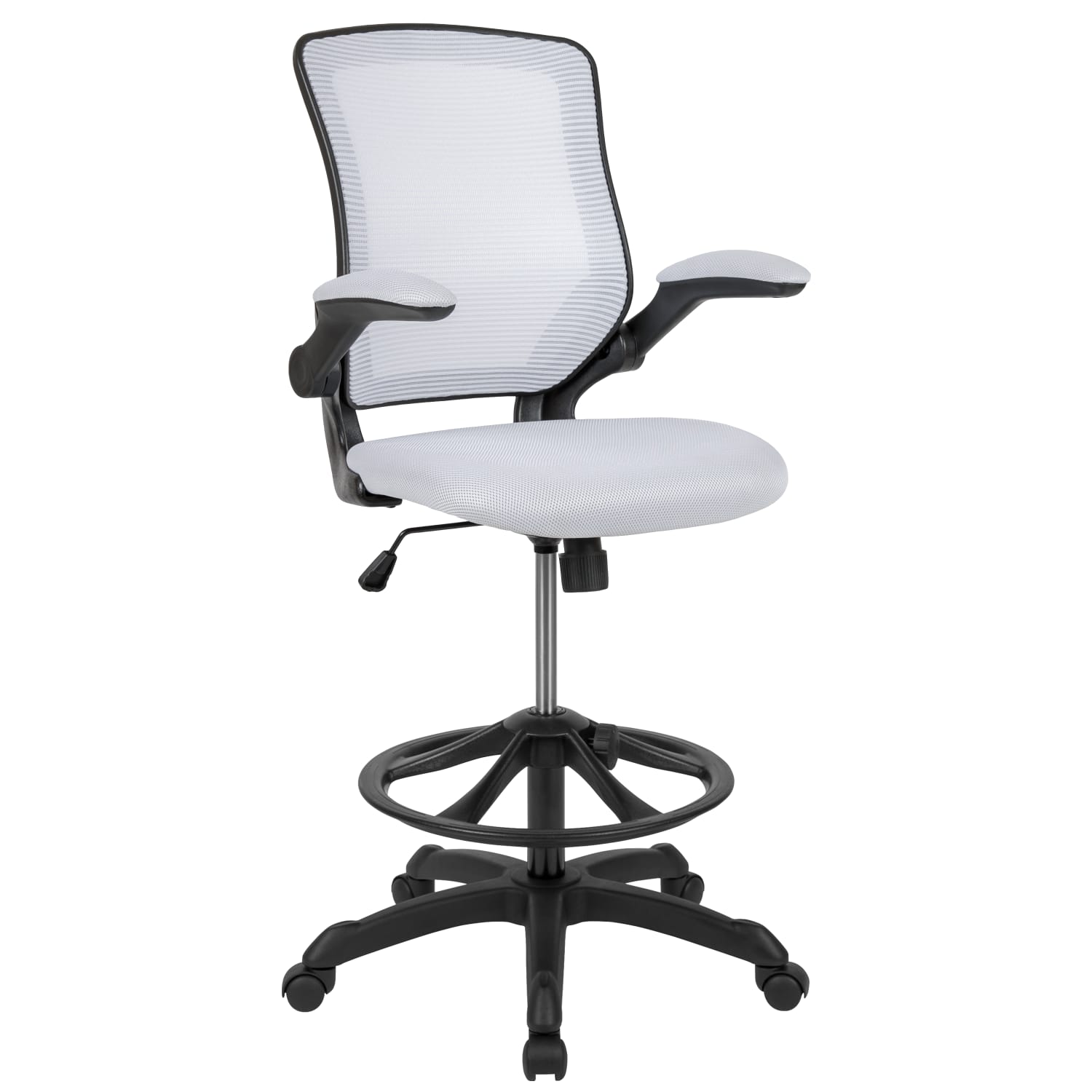 Flash Furniture Mid Back Mesh Ergonomic Drafting Chair with Adjustable Foot Ring and Flip-Up Arms, White - Image 3