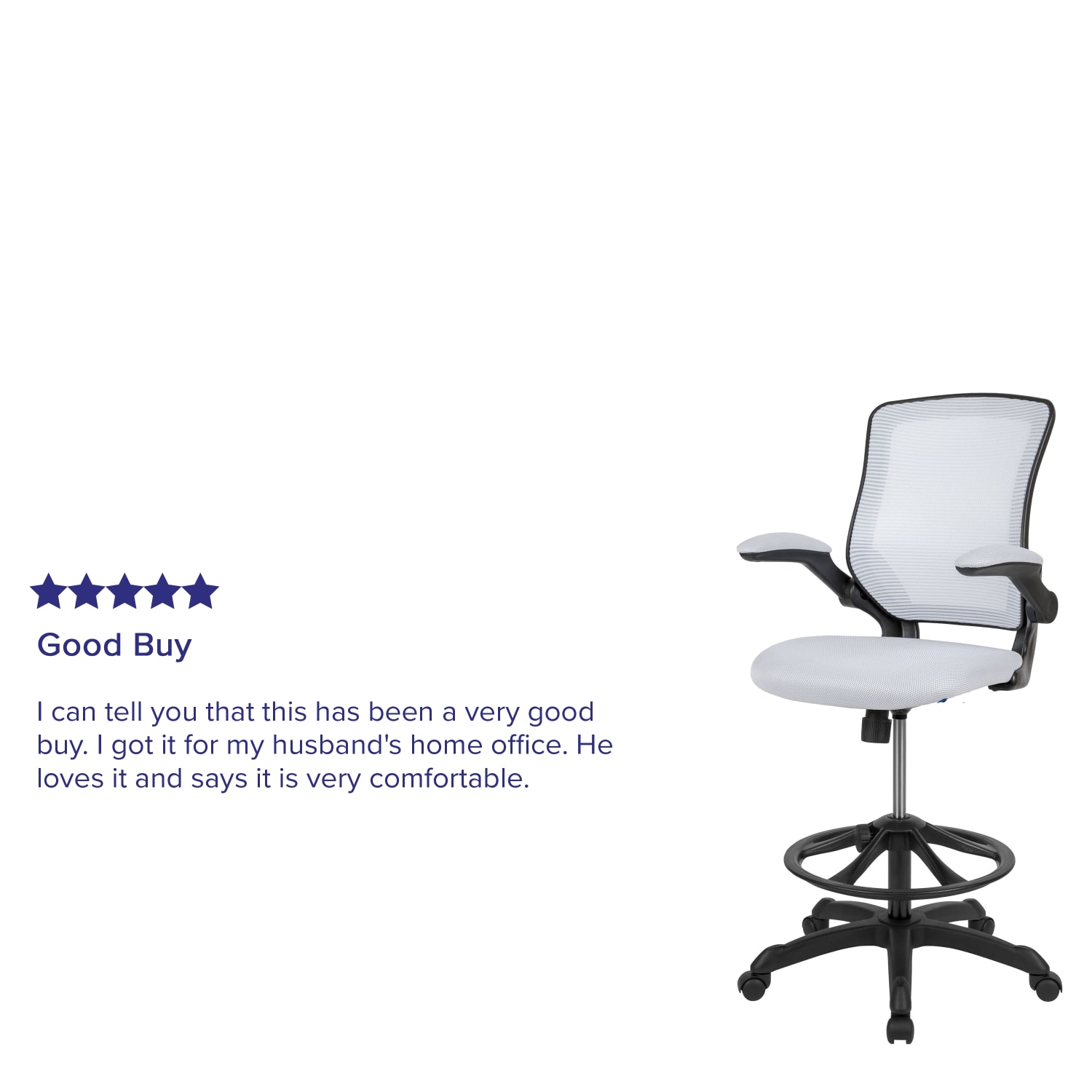 Flash Furniture Mid Back Mesh Ergonomic Drafting Chair with Adjustable Foot Ring and Flip-Up Arms, White - Image 5