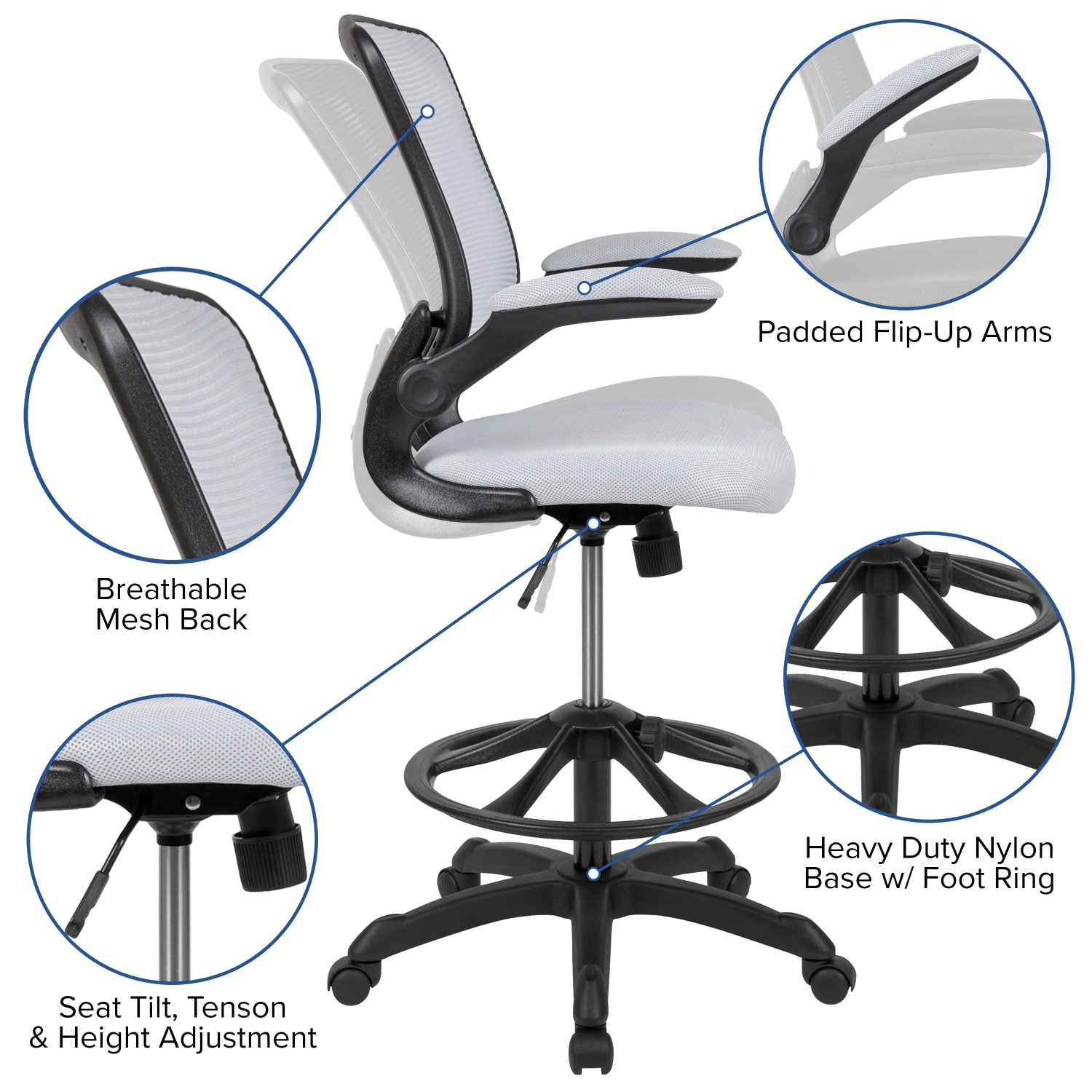 Flash Furniture Mid Back Mesh Ergonomic Drafting Chair with Adjustable Foot Ring and Flip-Up Arms, White - Image 6
