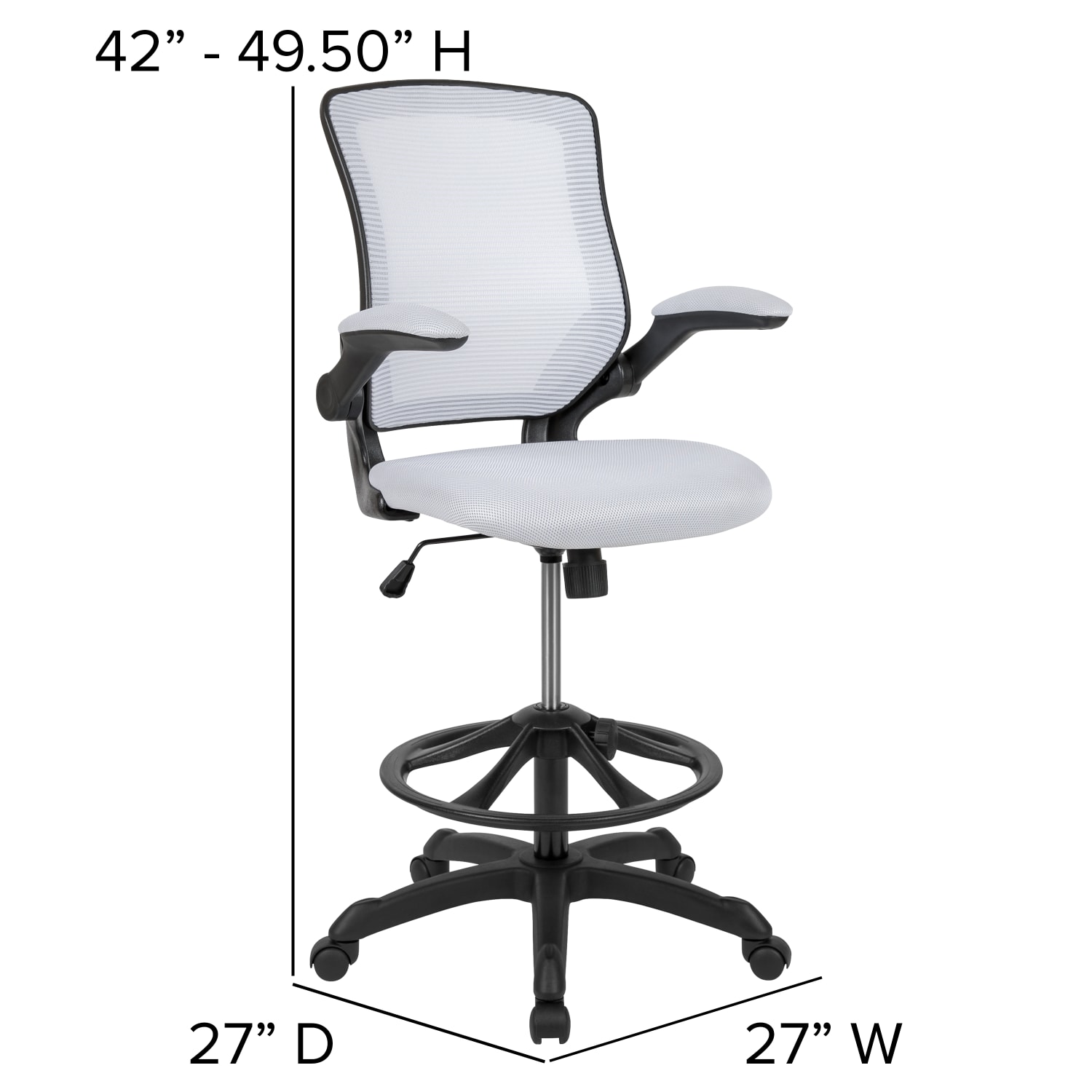 Flash Furniture Mid Back Mesh Ergonomic Drafting Chair with Adjustable Foot Ring and Flip-Up Arms, White - Image 7