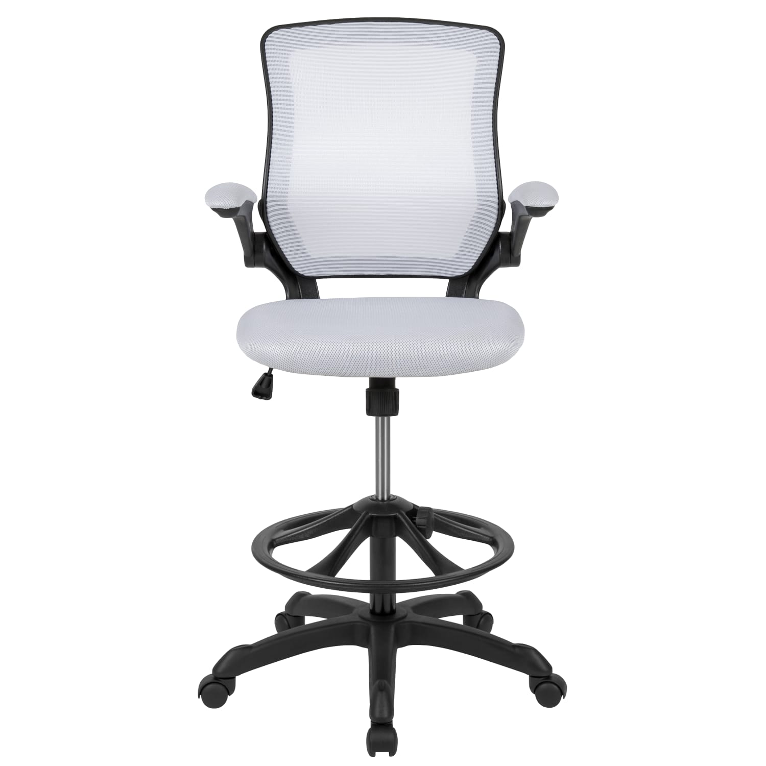 Flash Furniture Mid Back Mesh Ergonomic Drafting Chair with Adjustable Foot Ring and Flip-Up Arms, White - Image 11