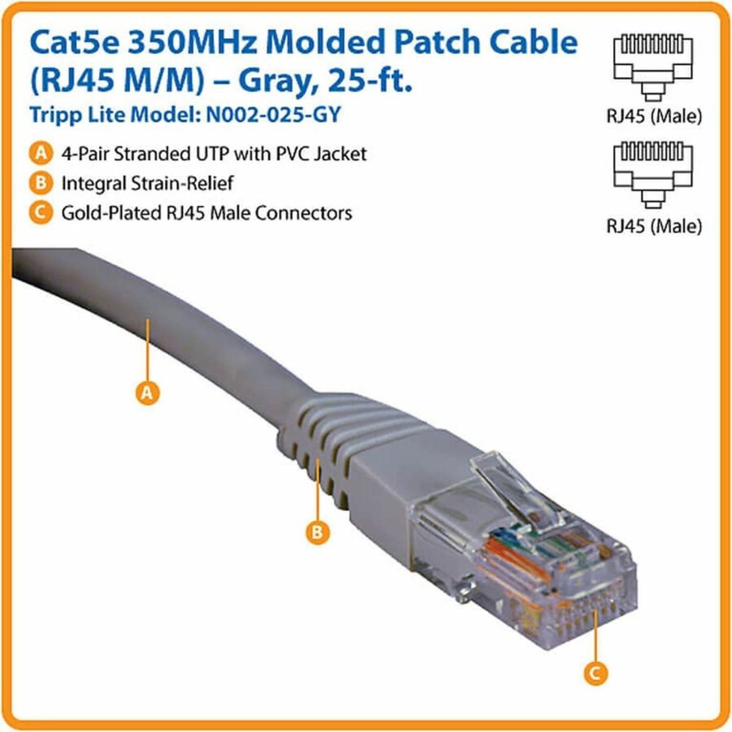Eaton Tripp Lite Series Cat5e 350 MHz Molded (UTP) Ethernet Cable (RJ45 M/M), PoE - Gray, 25 ft. (7.62 m) - N002025GY - Image 3