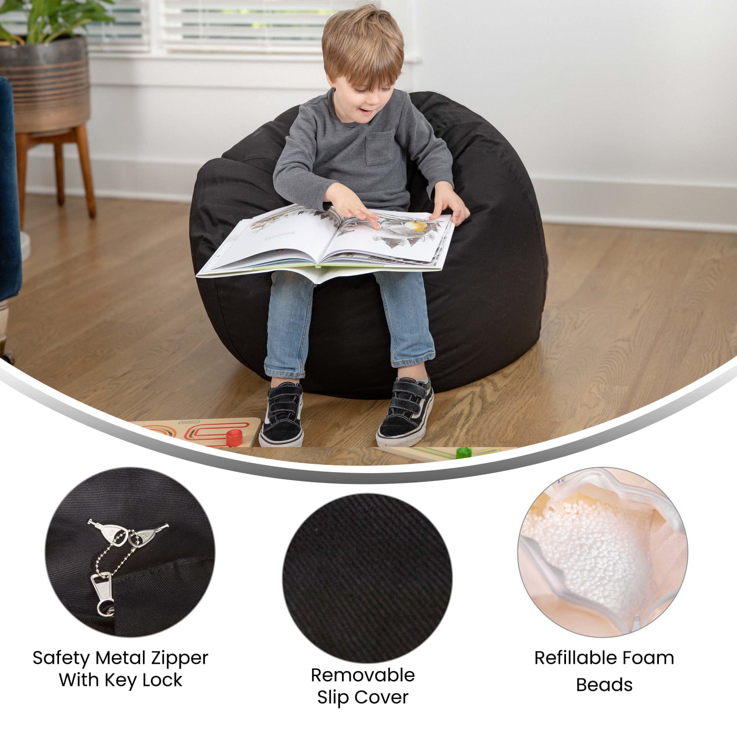 Flash Furniture Small Bean Bag Chair For Kids And Teens, Black - Image 4