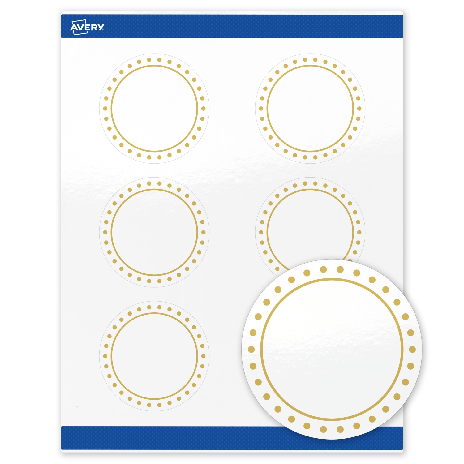 Avery Print-To-The-Edge Labels & Sure Feed, S00-DHX-PRWGP10, 3in Round, Glossy White, Preprinted Gold Border & Gold Dots Design, Pack Of 60 - Image 3