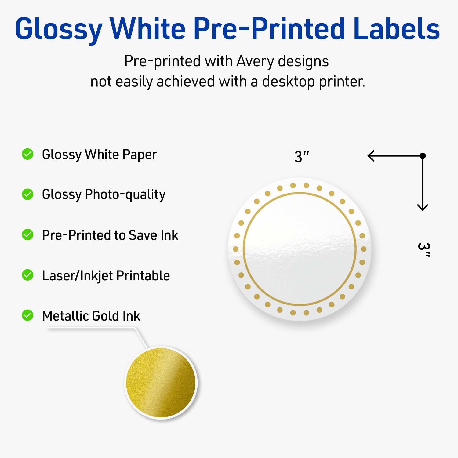 Avery Print-To-The-Edge Labels & Sure Feed, S00-DHX-PRWGP10, 3in Round, Glossy White, Preprinted Gold Border & Gold Dots Design, Pack Of 60 - Image 4