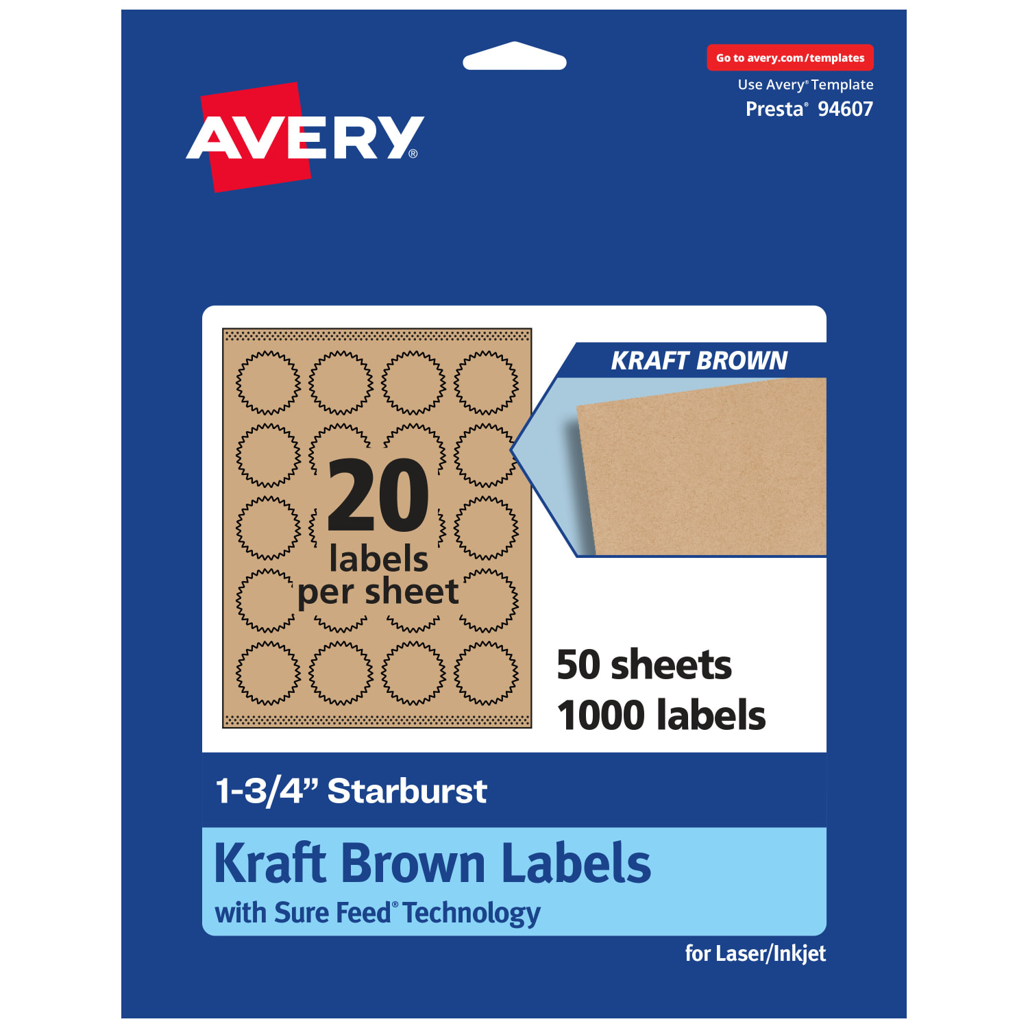Avery Kraft Permanent Labels With Sure Feed, 94607-KMP50, Starburst, 1-3/4in, Brown, Pack Of 1,000