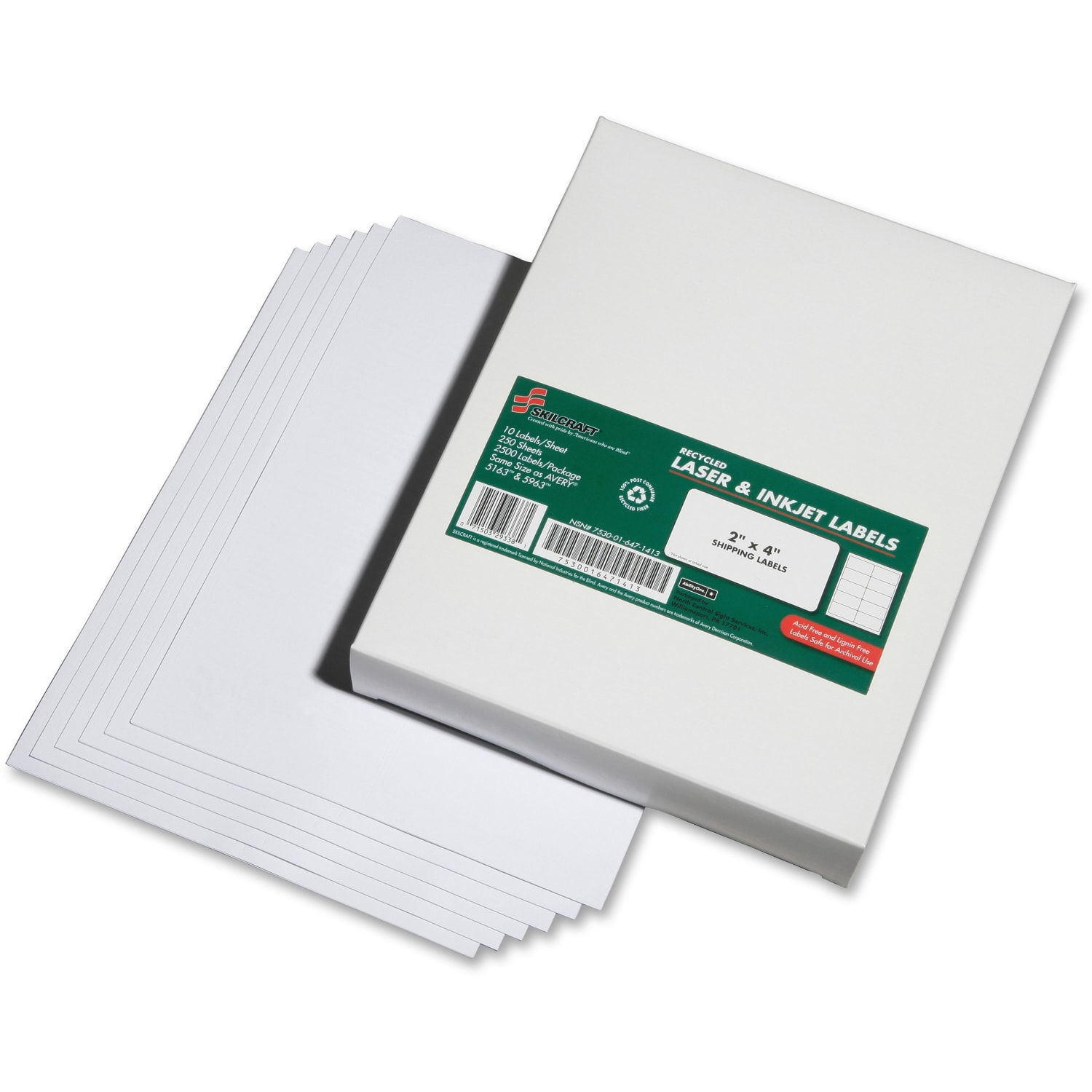 SKILCRAFT 100% Recycled Inkjet/Laser Address Labels, Rectangle, 2in x 4in, White, Box Of 2500 (AbilityOne 7530-01-647-1413) - Image 3