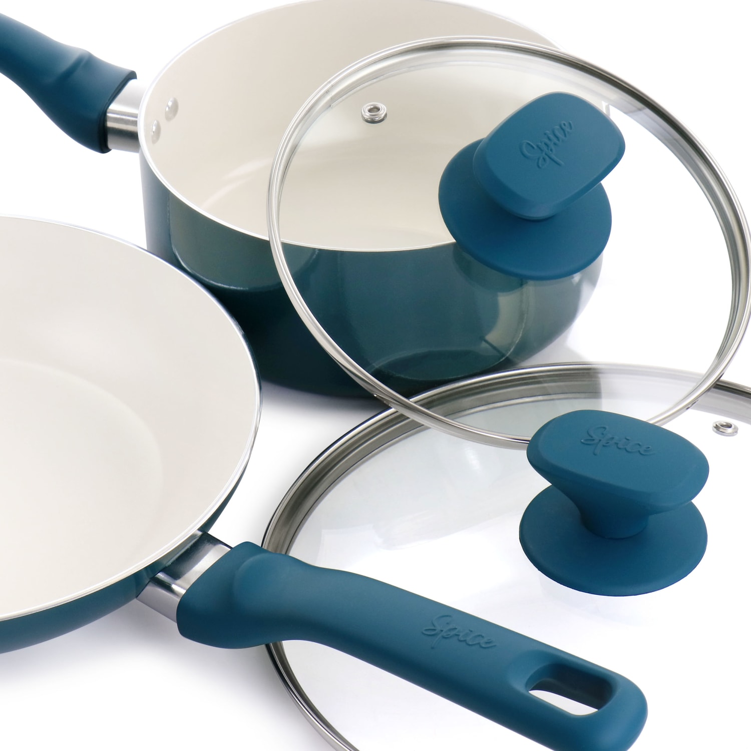 Spice by Tia Mowry Savory Saffron 7-Piece Ceramic Non-Stick Aluminum Cookware Set, Teal - Image 3