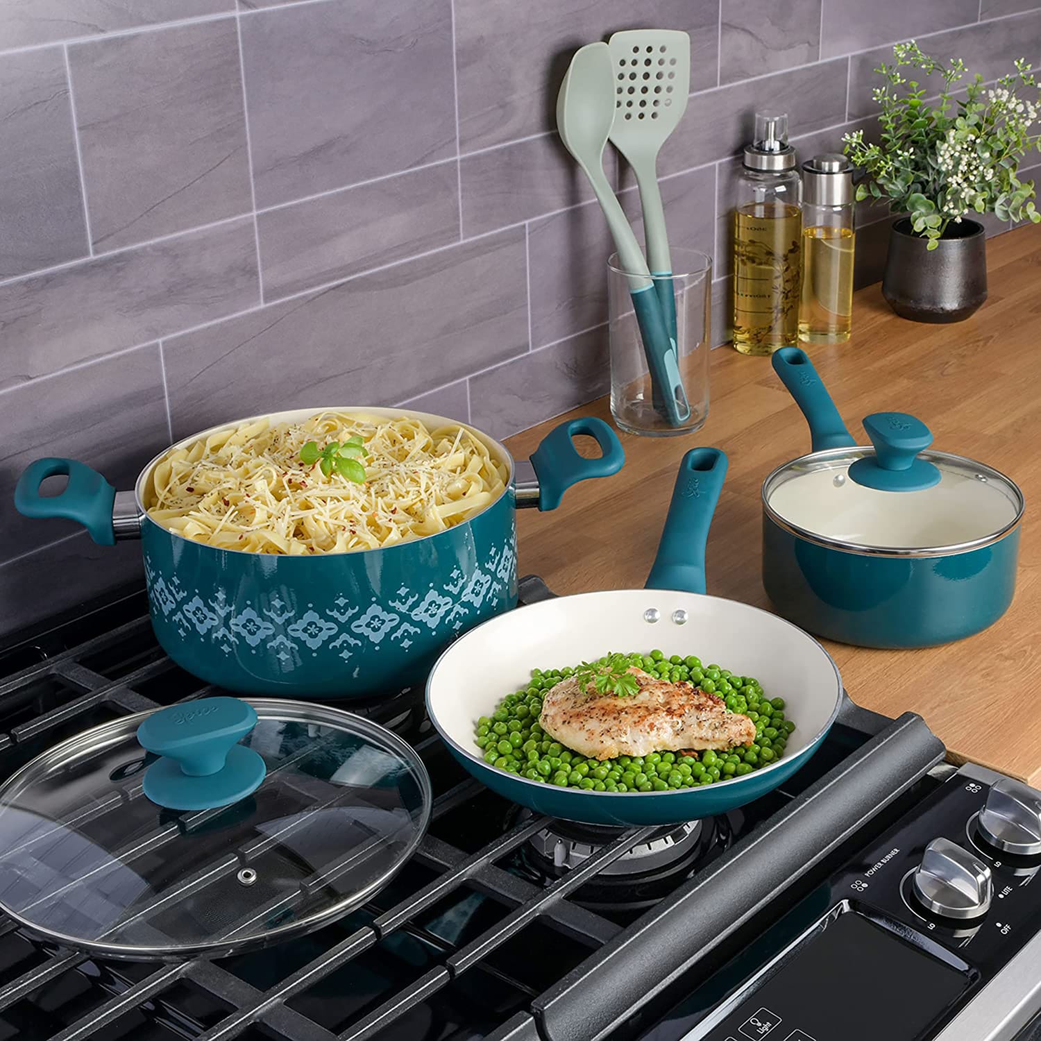 Spice by Tia Mowry Savory Saffron 7-Piece Ceramic Non-Stick Aluminum Cookware Set, Teal - Image 5