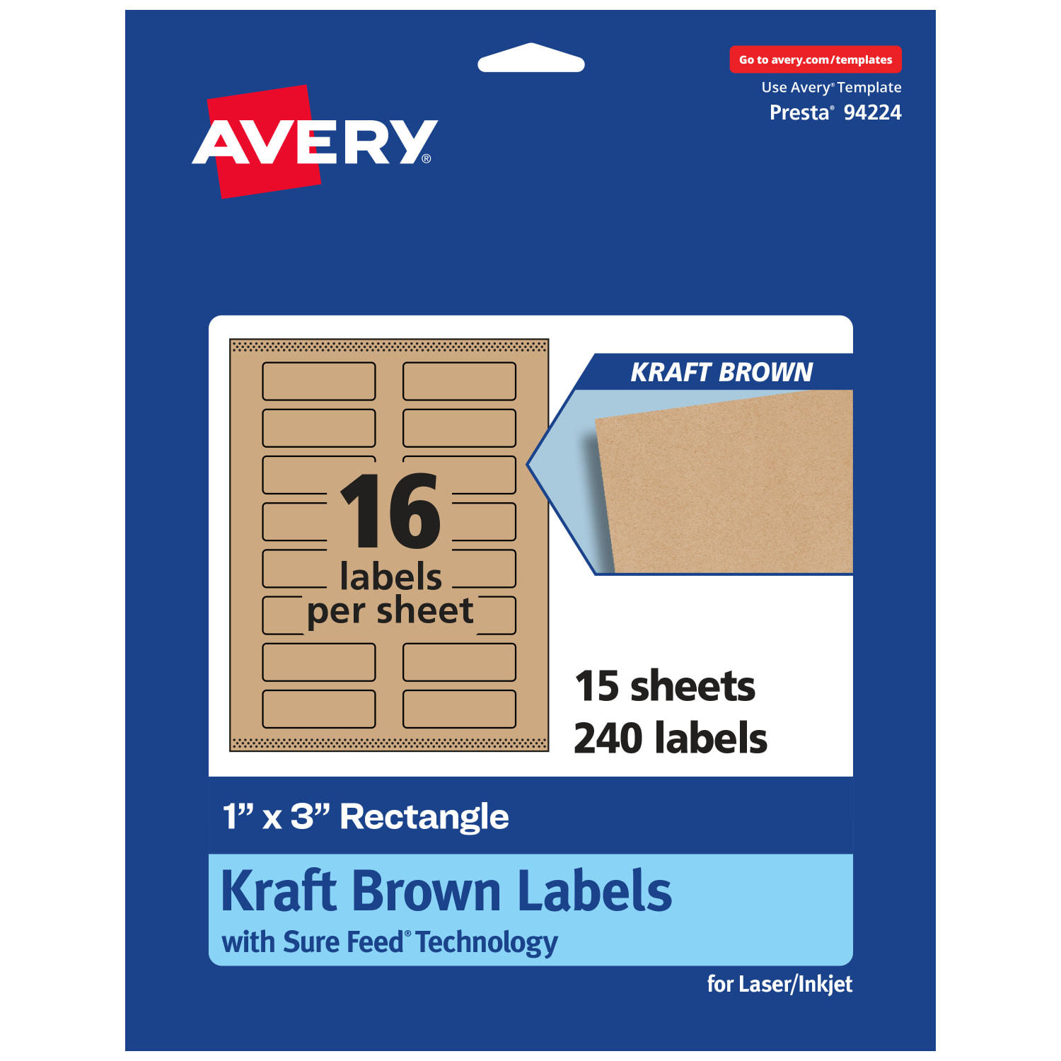 Avery Kraft Permanent Labels With Sure Feed, 94224-KMP15, Rectangle, 1in x 3in, Brown, Pack Of 240