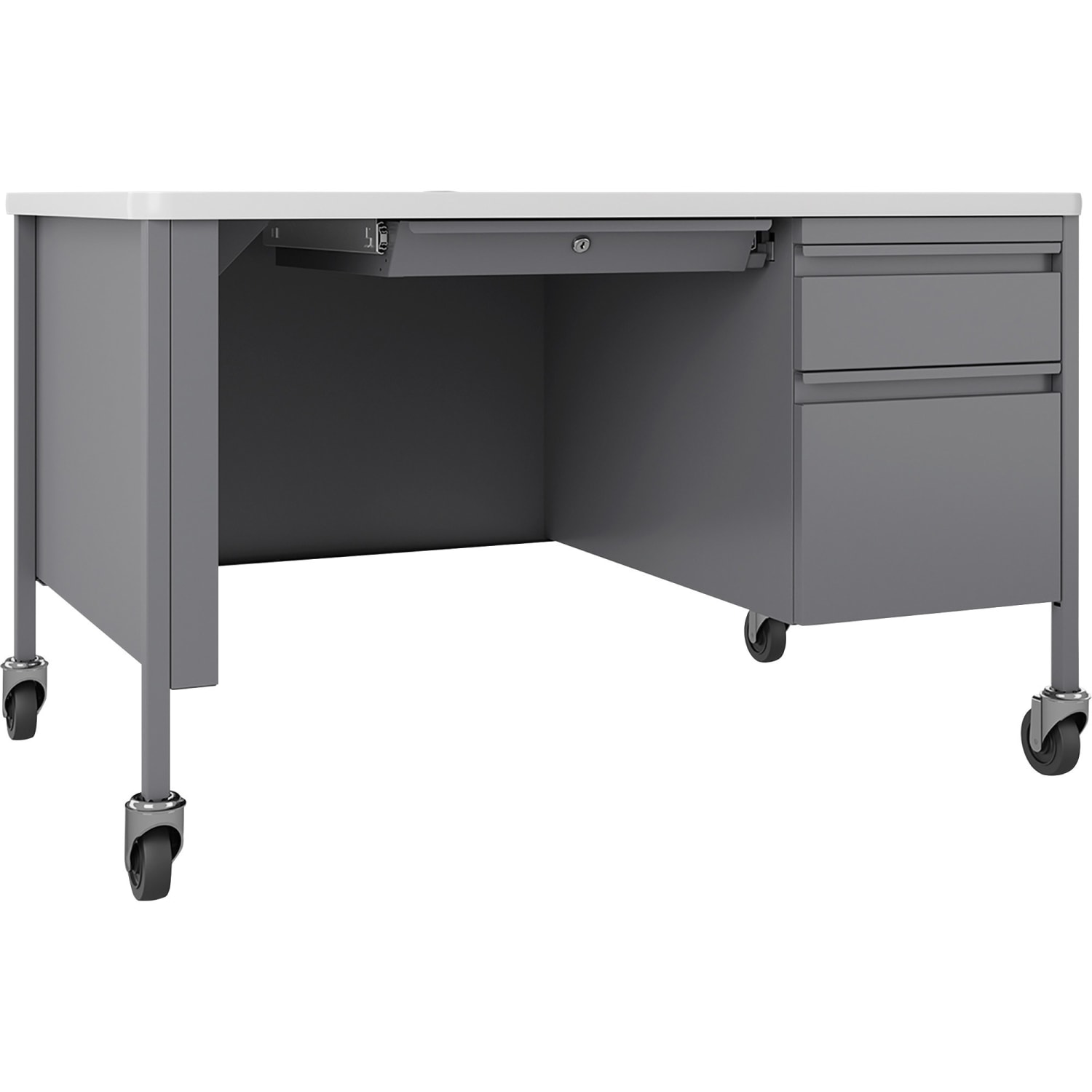 Lorell Fortress 48inW Steel Right-Pedestal Mobile Teachers Computer Desk, White/Platinum - Image 3