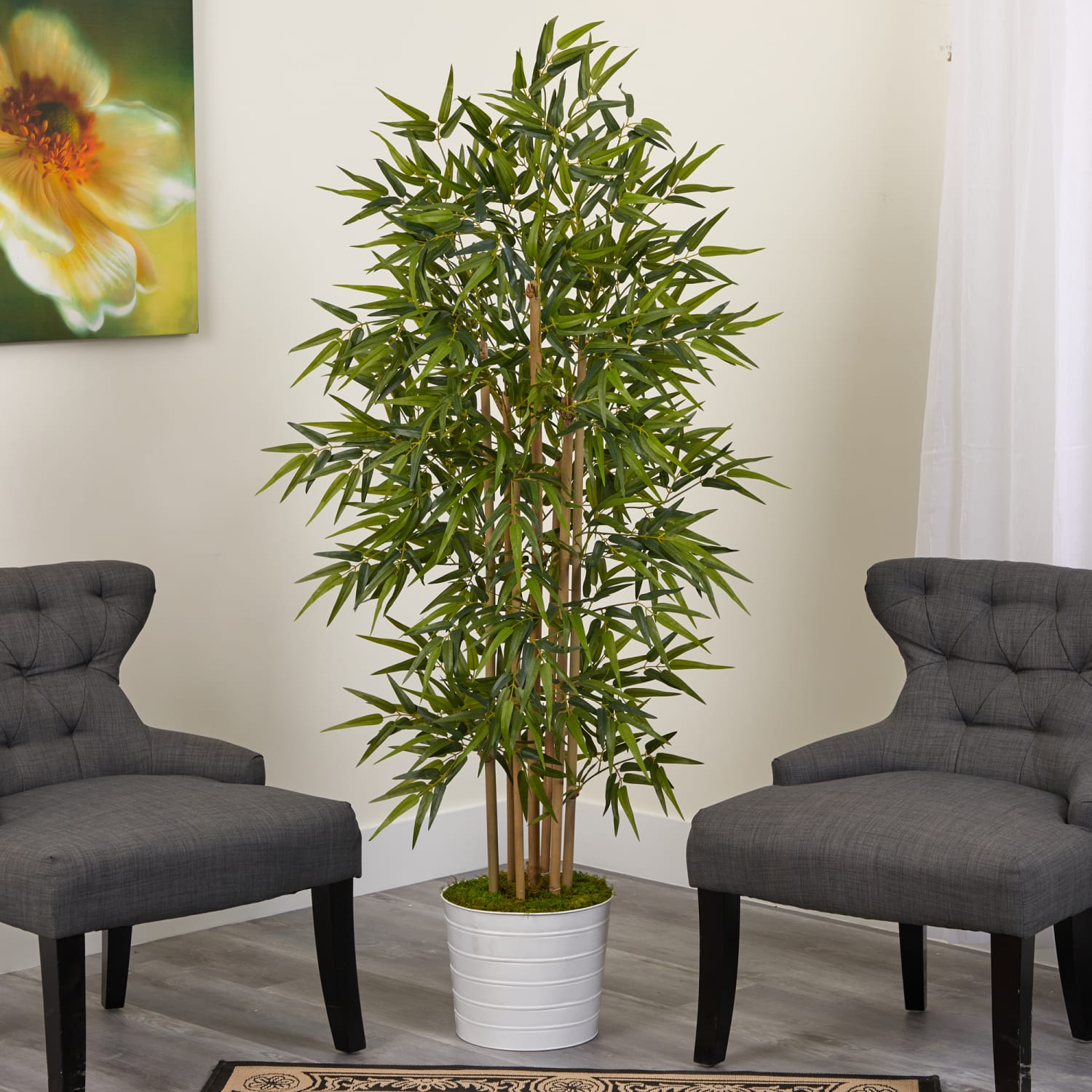 Nearly Natural Bamboo Tree 64inH Plastic Artificial Plant With Tin Planter, 64inH x 10inW x 10inD, Green/White - Image 4