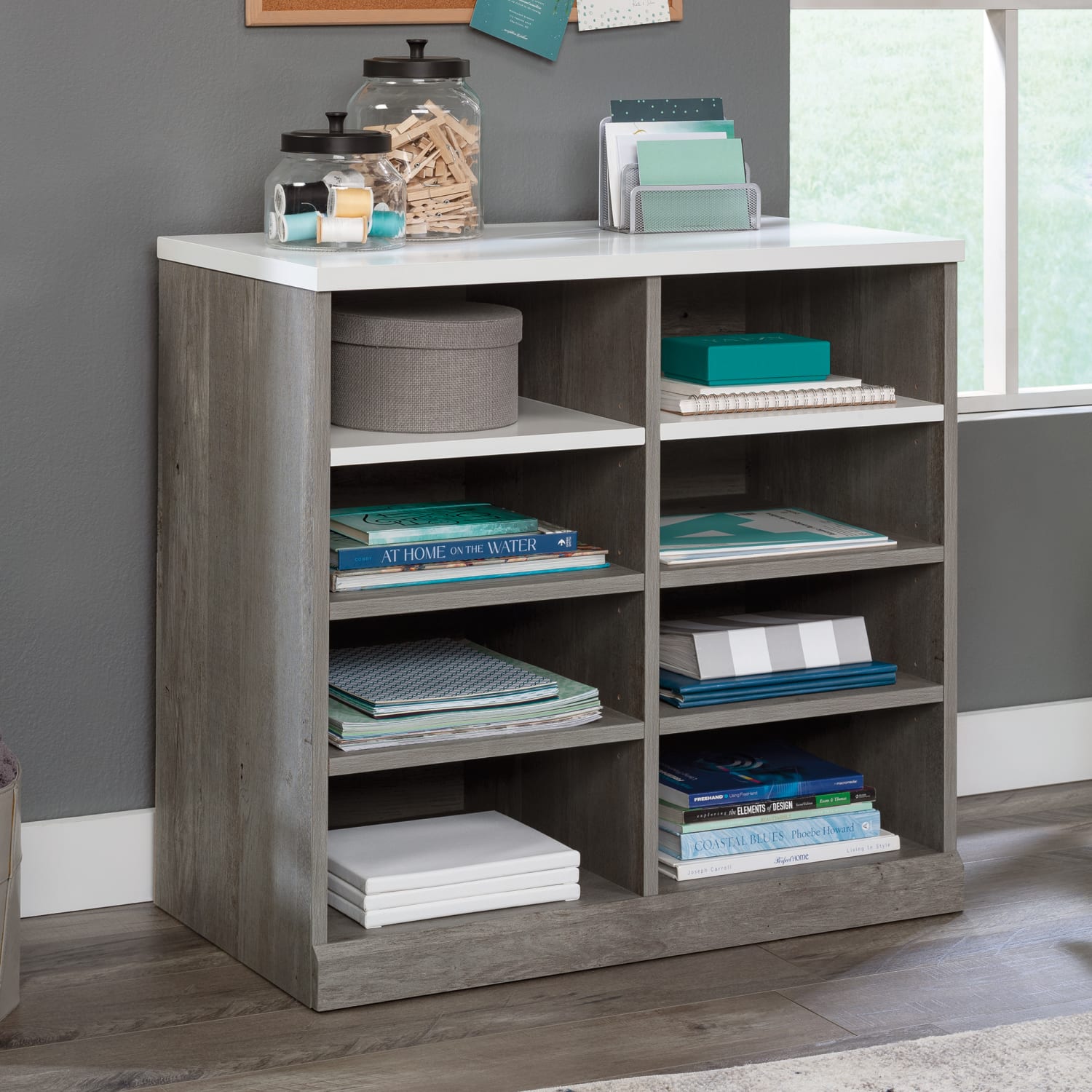 Sauder Craft Pro Series 32inW Open Storage Cabinet, Mystic Oak/White - Image 4