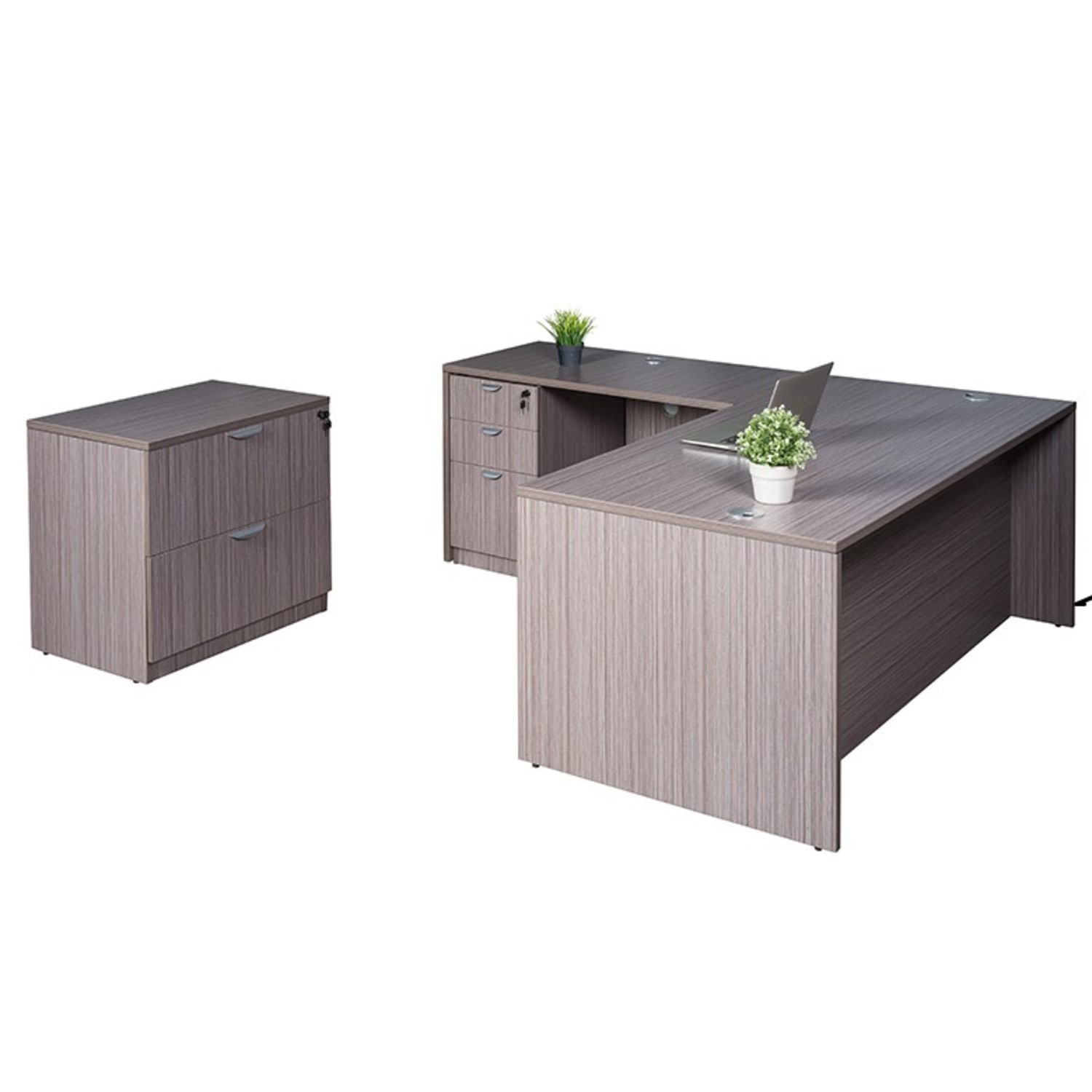 Boss Office Products 71inW Executive L-Shaped Corner Desk With Box/Box/File Storage Pedestal And 2-Drawer Lateral File, Driftwood