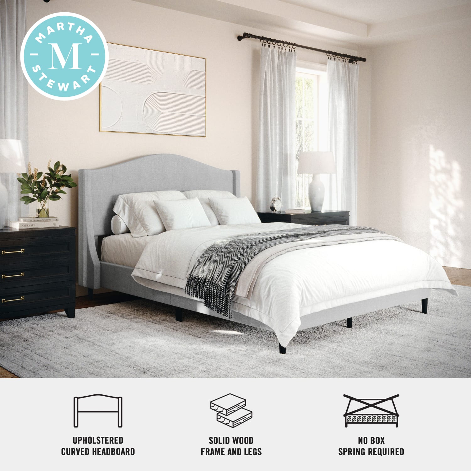 Martha Stewart Amelia Upholstered Platform Bed with Curved Headboard and Cushioned Siderails -TW3WDB02BFGY - Image 4