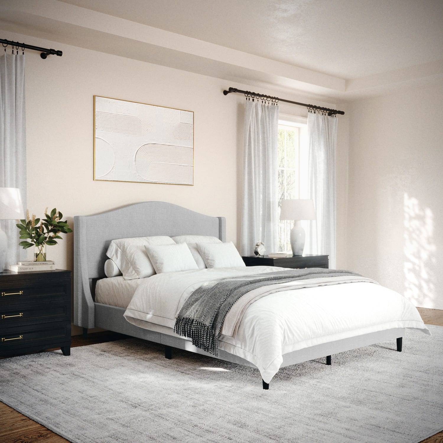 Martha Stewart Amelia Upholstered Platform Bed with Curved Headboard and Cushioned Siderails -TW3WDB02BFGY - Image 6
