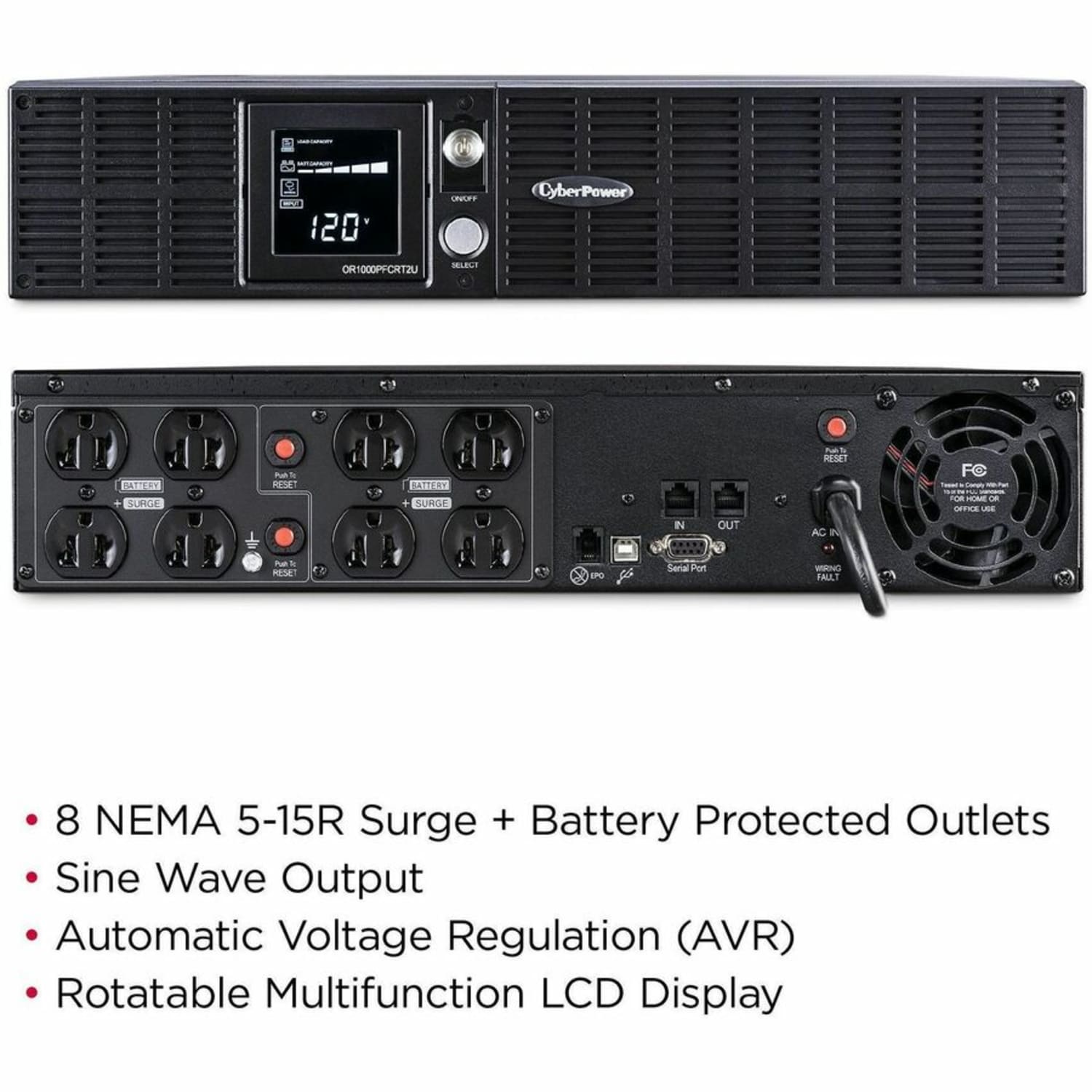 CyberPower OR1000PFCRT2U PFC Sinewave UPS Systems - 1000VA/700W, 120 VAC, NEMA 5-15P, 2U, Rack/Tower, Sine Wave, 8 Outlets, LCD- OR1000PFCRT2U - Image 4