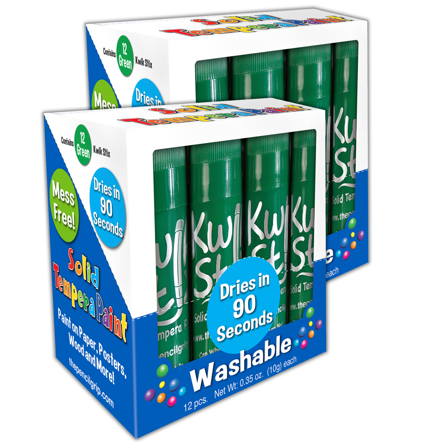 The Pencil Grip Kwik Stix Solid Tempera Paint Sticks, Green, 12 Sticks Per Pack, Set Of 2 Packs