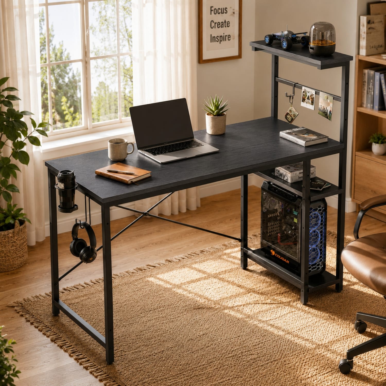 Bestier Gaming Computer Desk With RGB LED Lights And 4-Tier Storage Shelves, 44inW, Black Grained