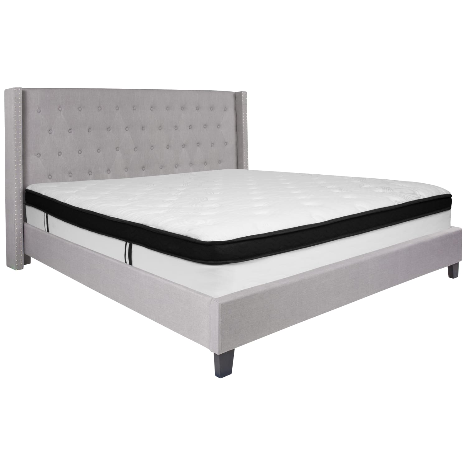 Flash Furniture Riverdale Tufted Upholstered Platform Bed With Accent Nail Trimmed Extended Sides And Memory Foam Pocket Spring Mattress, King, Light Gray - Image 3