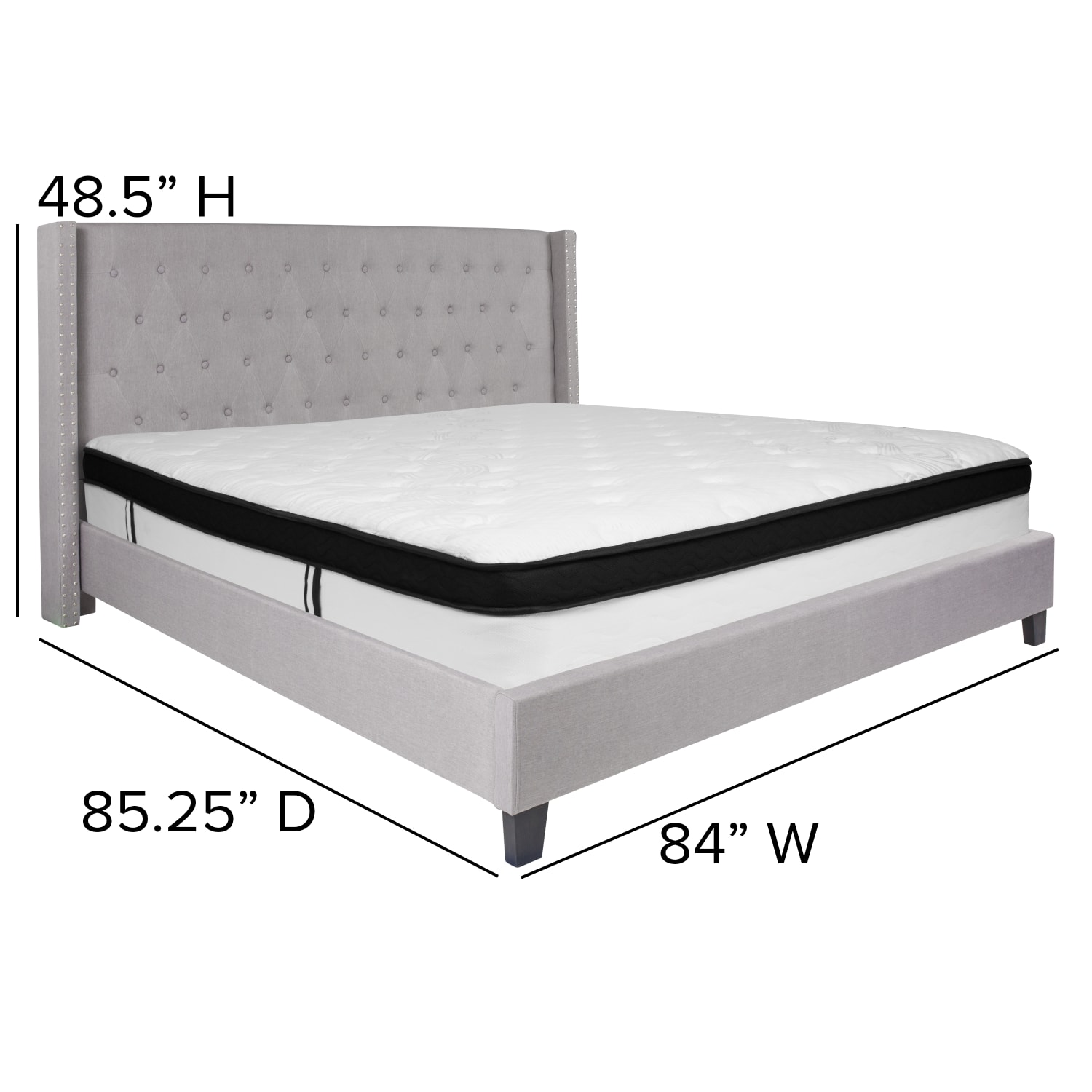 Flash Furniture Riverdale Tufted Upholstered Platform Bed With Accent Nail Trimmed Extended Sides And Memory Foam Pocket Spring Mattress, King, Light Gray - Image 5
