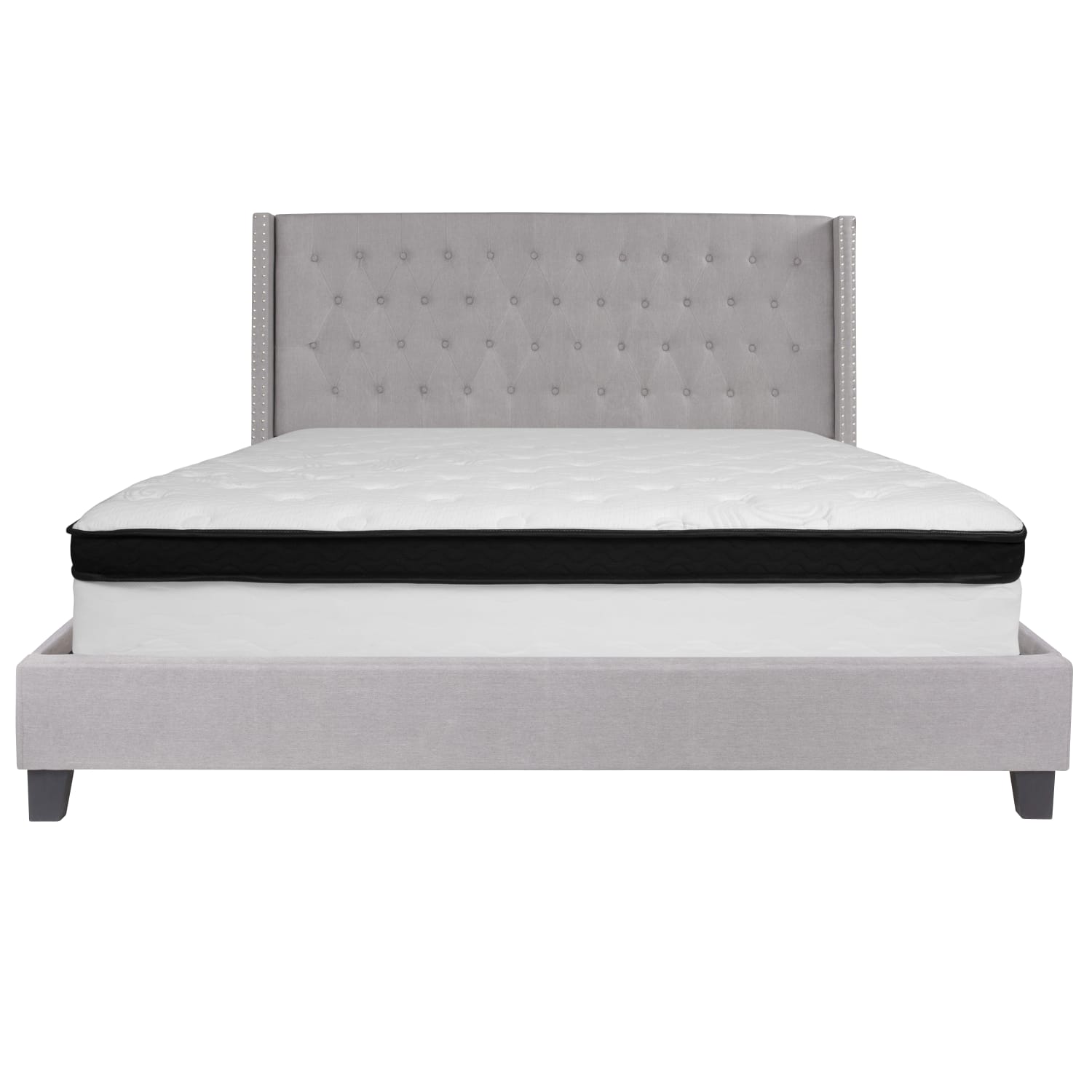 Flash Furniture Riverdale Tufted Upholstered Platform Bed With Accent Nail Trimmed Extended Sides And Memory Foam Pocket Spring Mattress, King, Light Gray - Image 6