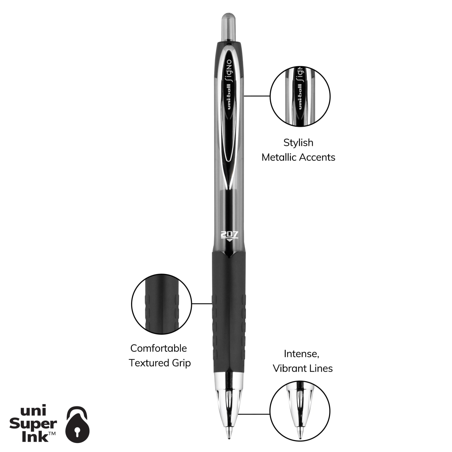 uni-ball Signo Gel 207 Retractable Gel Pens, Medium Point, 0.7 mm, Black Barrel, Black Ink, Pack Of 2 - Image 4