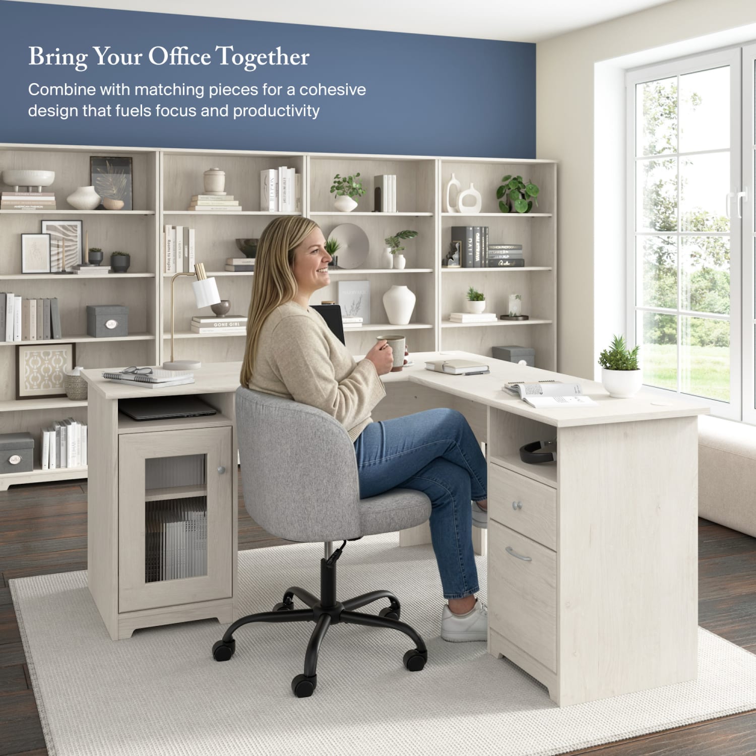 Bush Business Furniture Cabot 60inW L-Shaped Corner Desk, Linen White Oak, Standard Delivery - Image 4