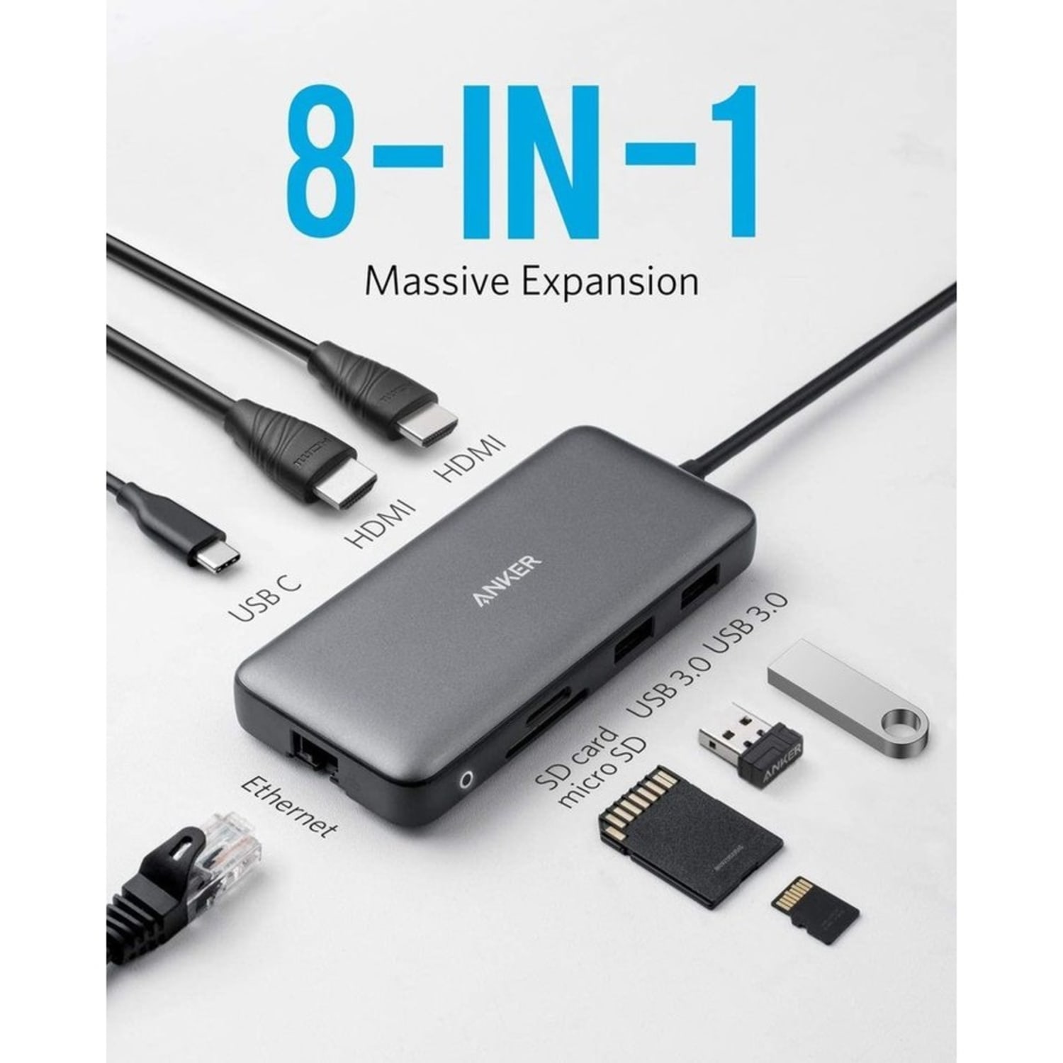 ANKER PowerExpand 8-in-1 USB-C PD Media Hub - for Notebook/Monitor - 100 W - USB 3.0 Type C - 2x USB 3.0 - USB Type-C -RJ45  - HDMI - Wired - Image 4