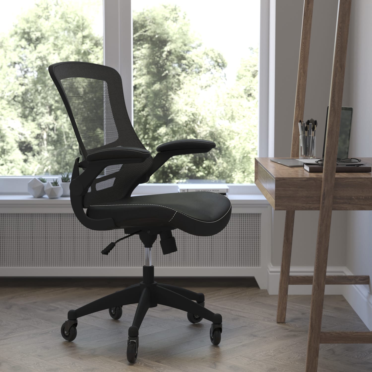 Flash Furniture Kelista Ergonomic Mesh/Leathersoft Mid-Back Swivel Task Chair, Black