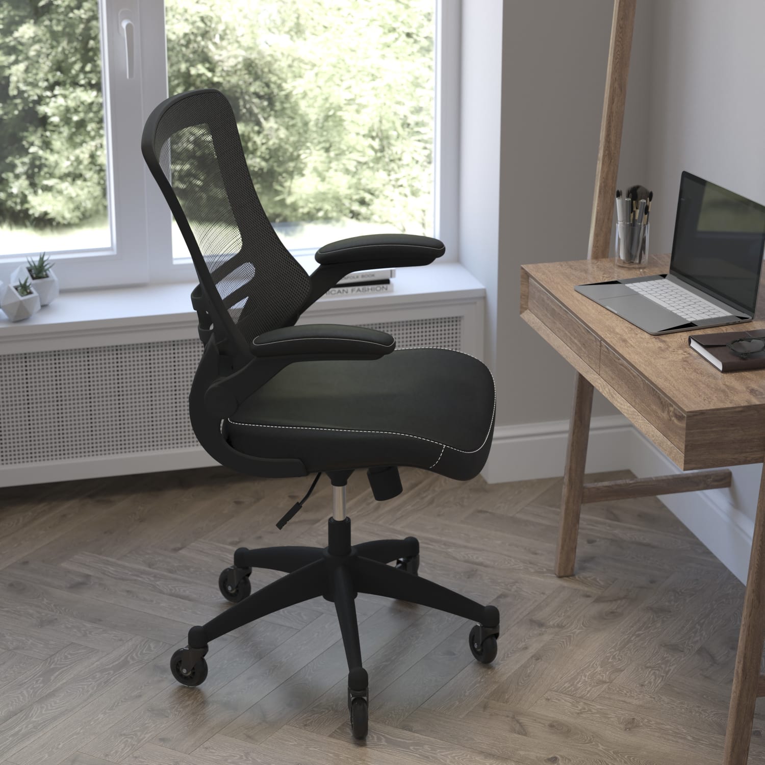 Flash Furniture Kelista Ergonomic MeshLeathersoft Mid Back Swivel Task Chair Black PopularChairscom