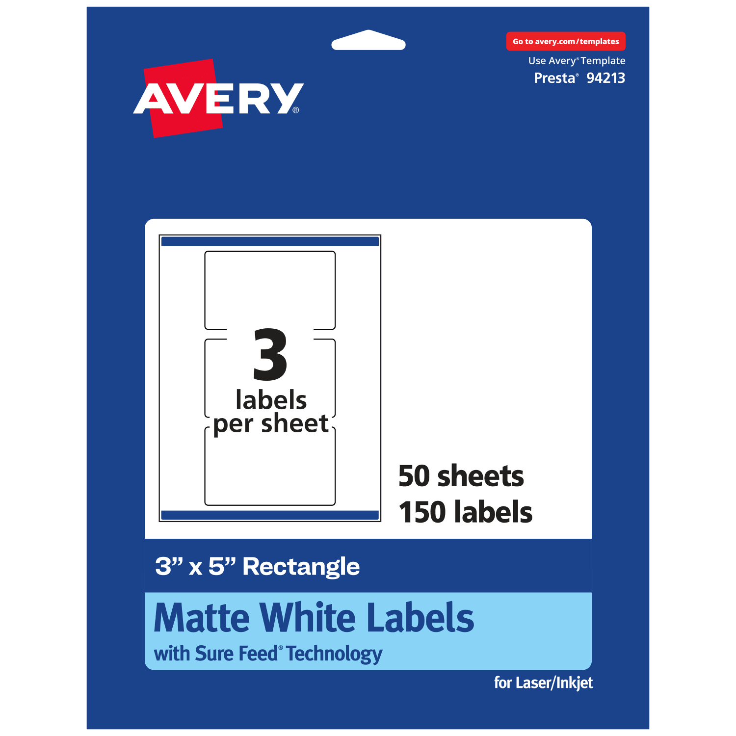 Avery Permanent Labels With Sure Feed, 94213-WMP50, Rectangle, 3in x 5in, White, Pack Of 150