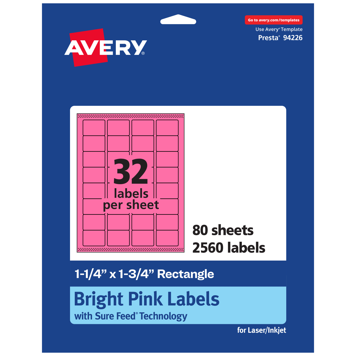 Avery Printable Labels With Sure Feed Technology, 94226-BPP80, Rectangle, 1-1/4in x 1-3/4in, Matte Bright Pink, Pack of 2560