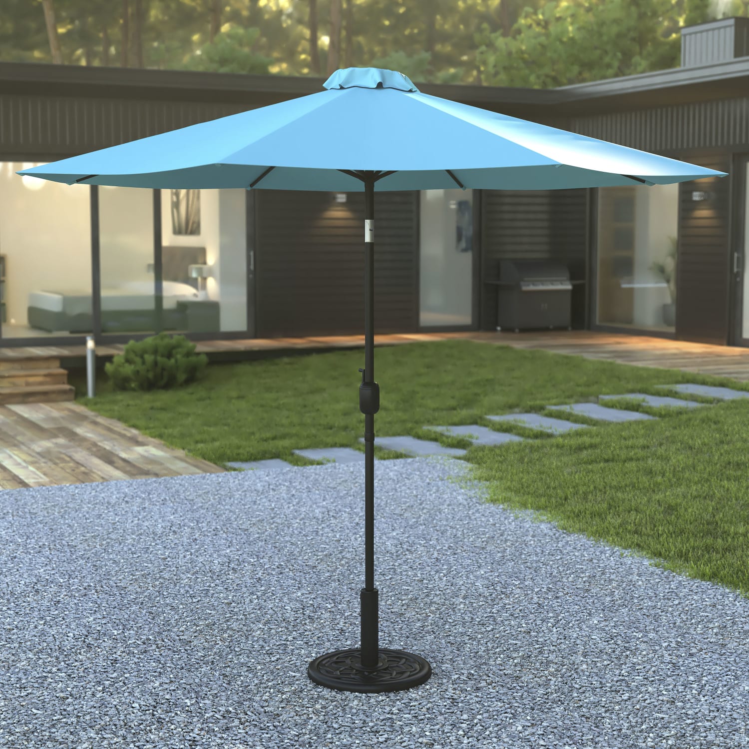 Flash Furniture Kona Round Umbrella With Standing Umbrella Base, 101-1/4inH x 104-1/2inW x 104-1/2in, Teal