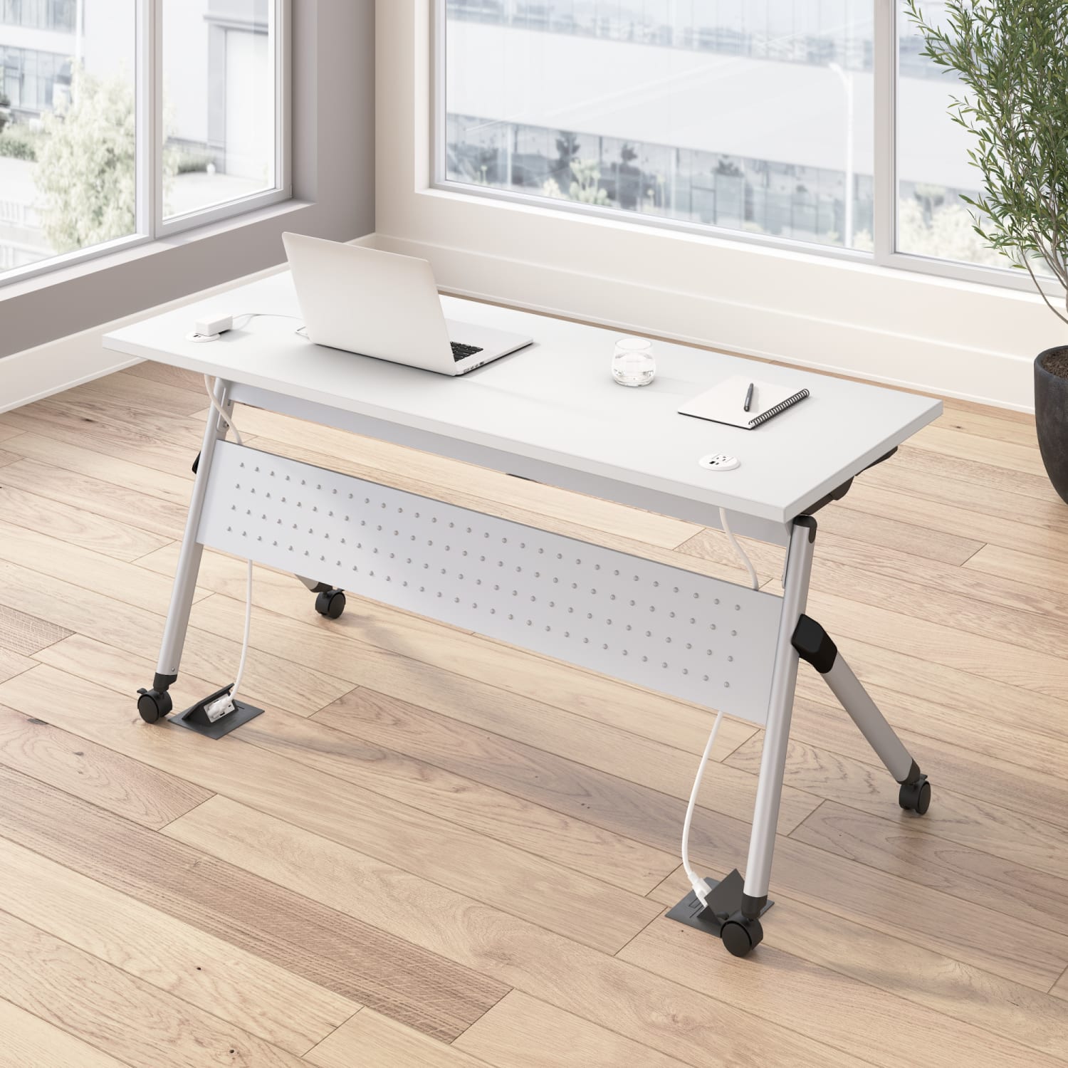 Bush Business Furniture Envision 60inW Folding Training Table with Powered Grommets, White/Cool Gray Metallic, Standard Delivery