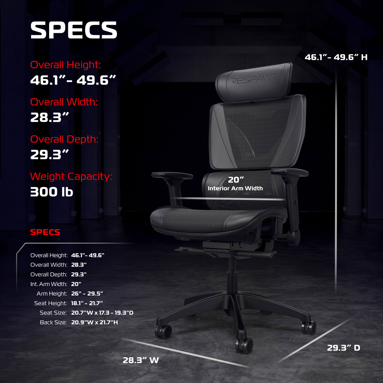 RESPAWN SPECTER Ergonomic Mesh Office Chair, Black, RSPSGMB05BLK - Image 3
