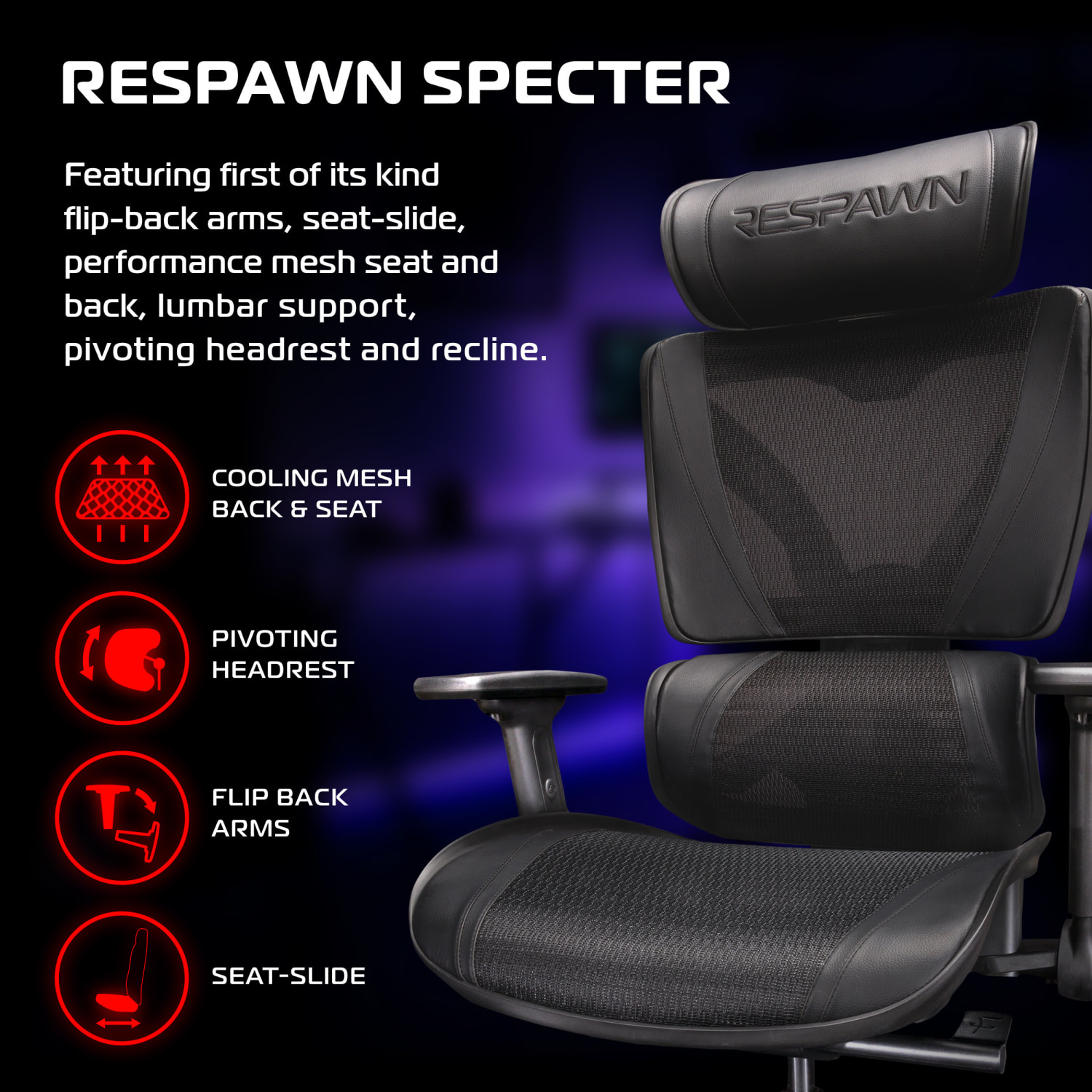 RESPAWN SPECTER Ergonomic Mesh Office Chair, Black, RSPSGMB05BLK - Image 4